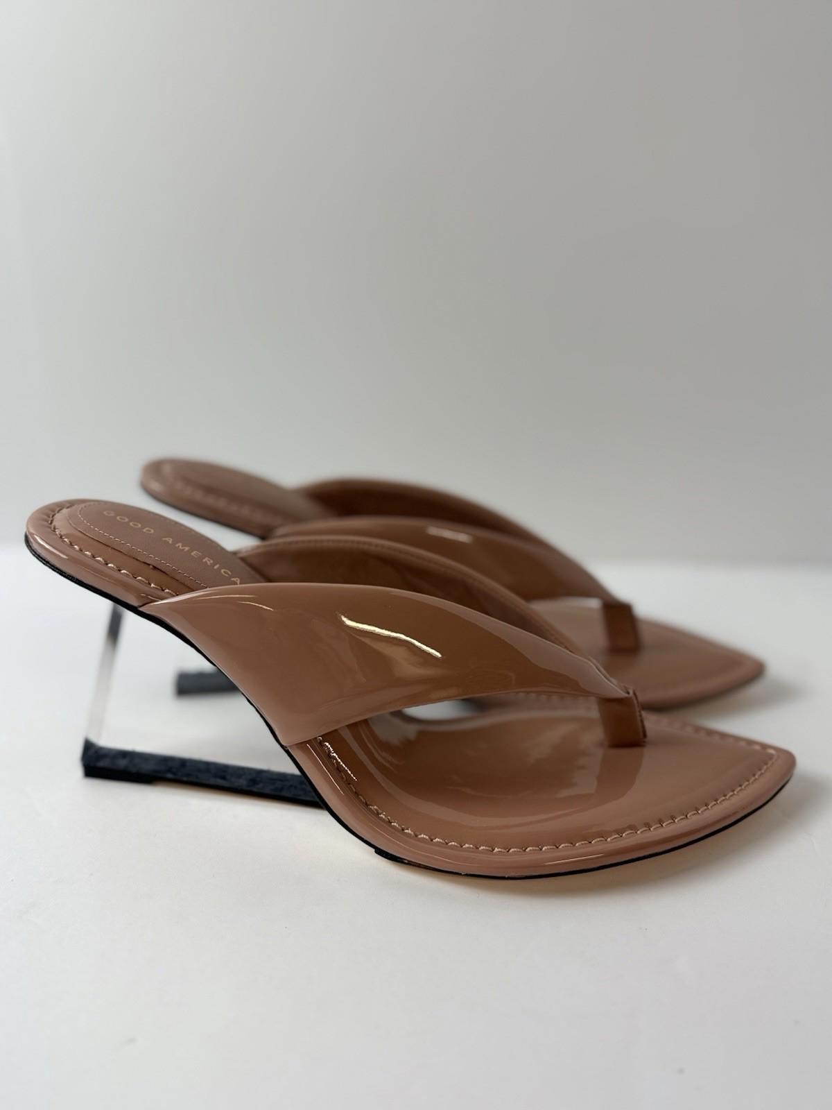 Good American Size 14 Dusty Pink Patent Thong Leather Clear Wedge Heel Sandal