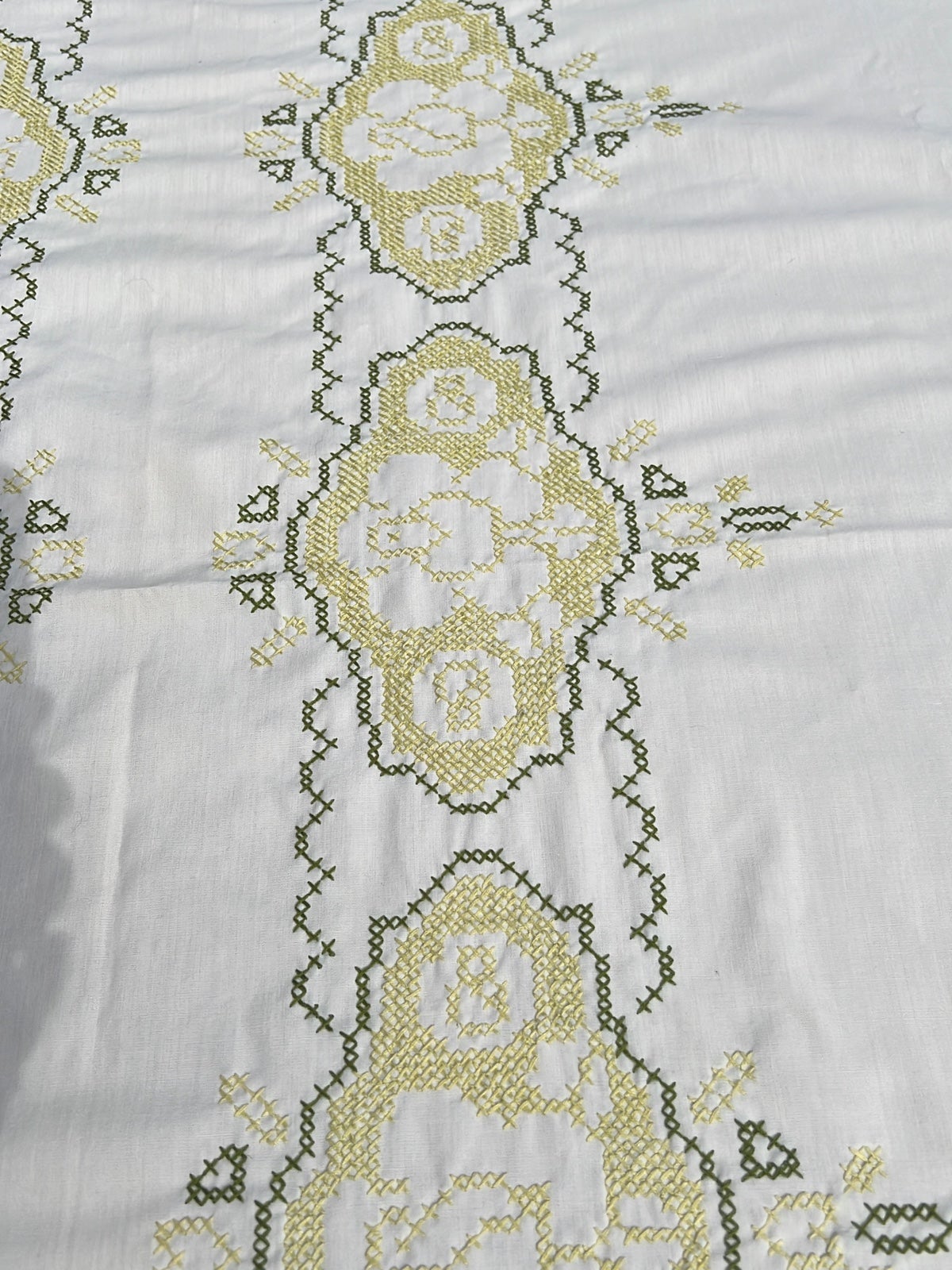 Vintage Mid Century Hand Embroidered Tablecloth Two Toned Greens Fringed
