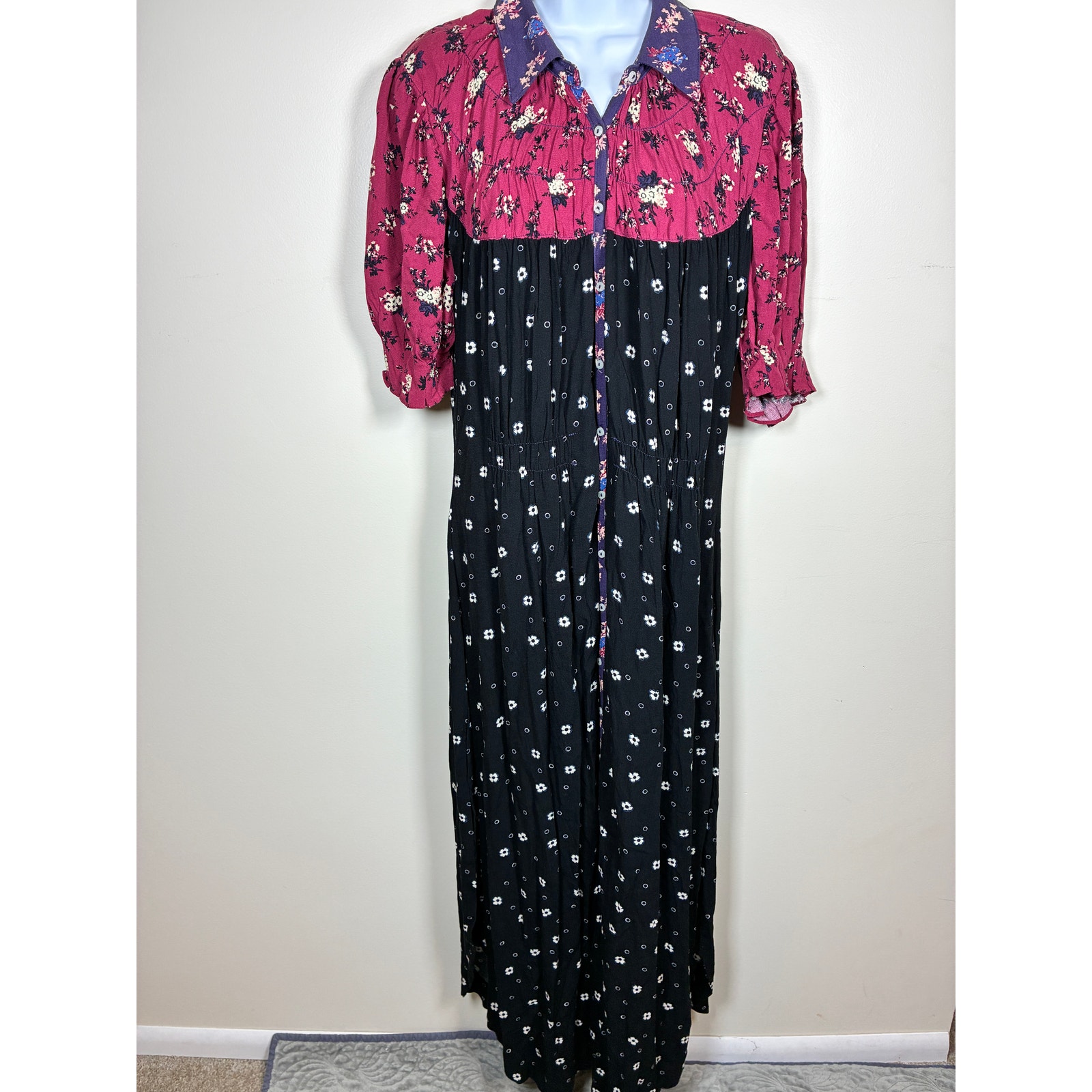 Free People Nora Maxi Dress Womens L Black Red Floral Boho Hippie