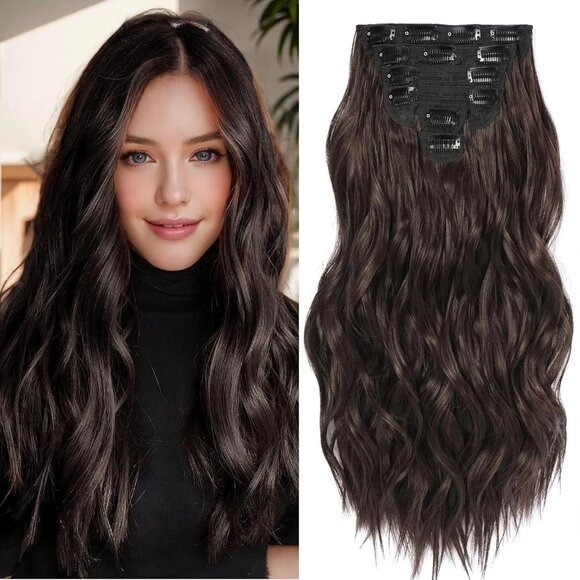New 6PCS 22 Inch Jet Black & Dark Brown Wavy Synthetic Clip-in Hair Extensions