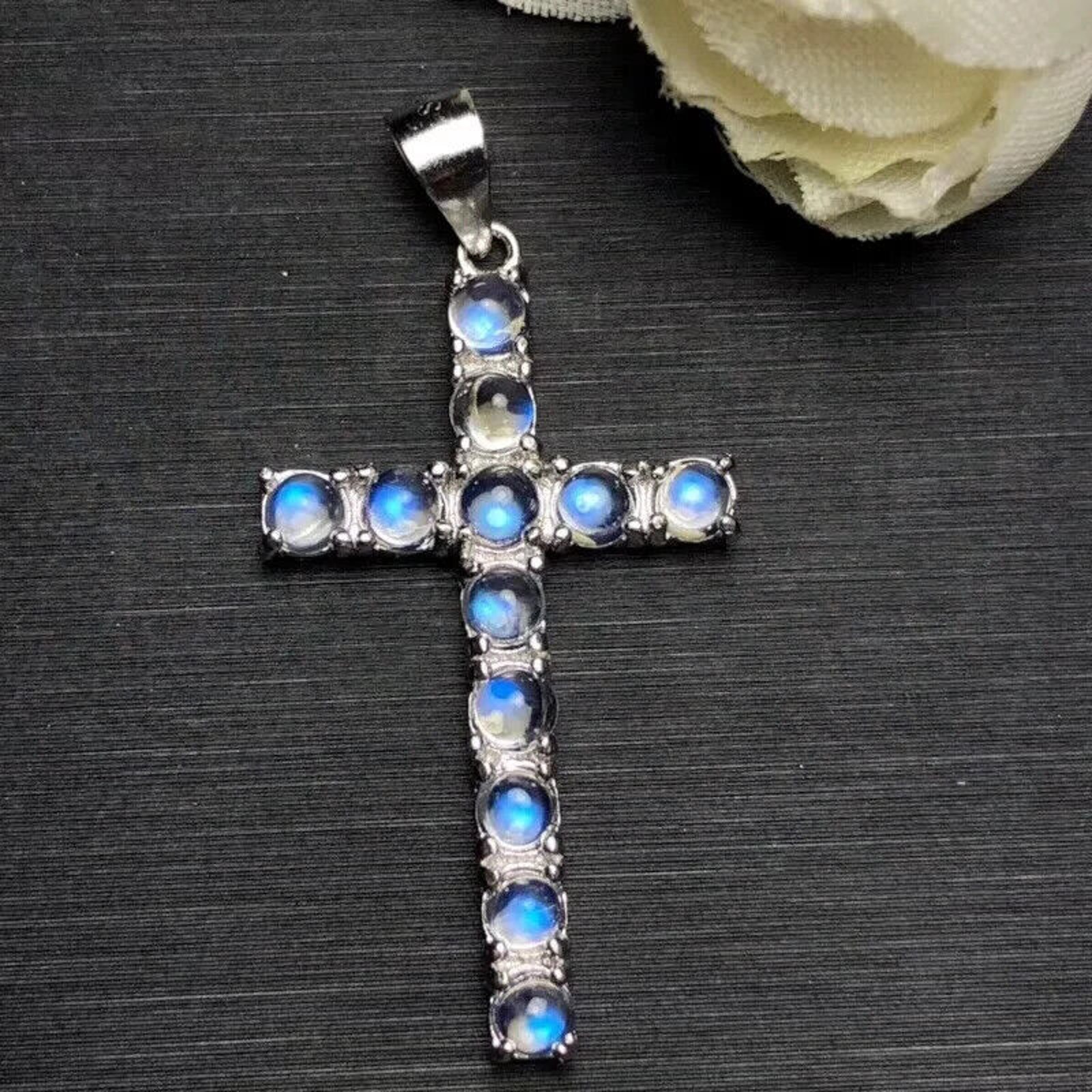 Natural Moonstone Cross Necklace, Gemstone Cross Necklace 925 Sterling Silver