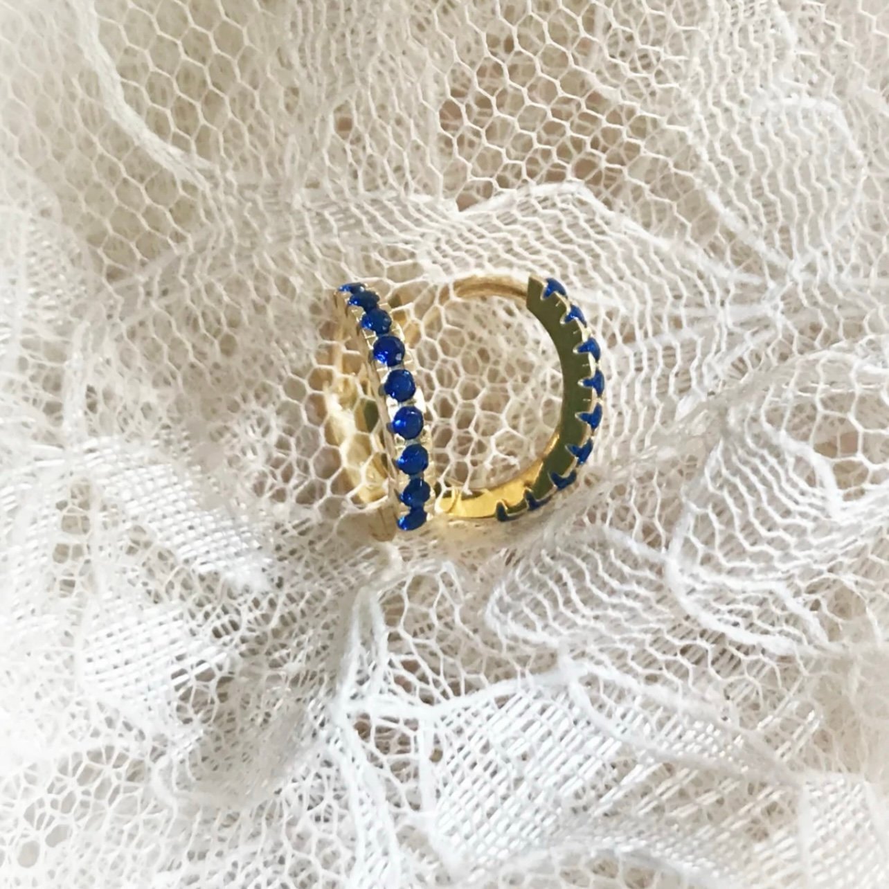 14K Gold Sapphire Pavé Birthstone Huggie Hoop Earrings, NWT