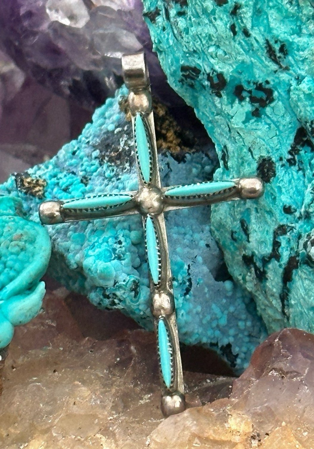Turquoise vintage needlepoint sterling silver cross