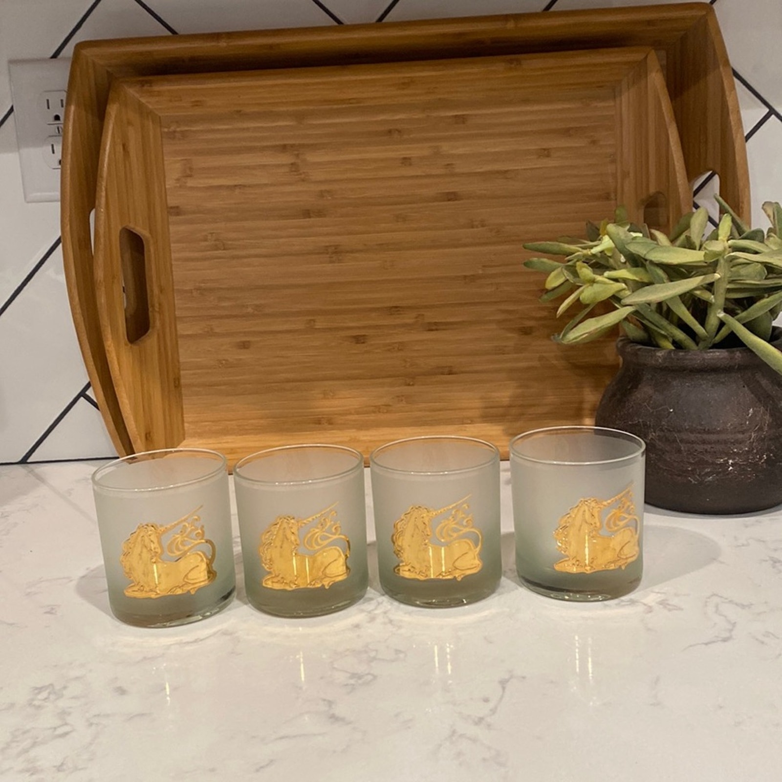 VINTAGE CULVER 22K GOLD UNICORN LOWBALL GLASSES SET OF 4 mid century modern