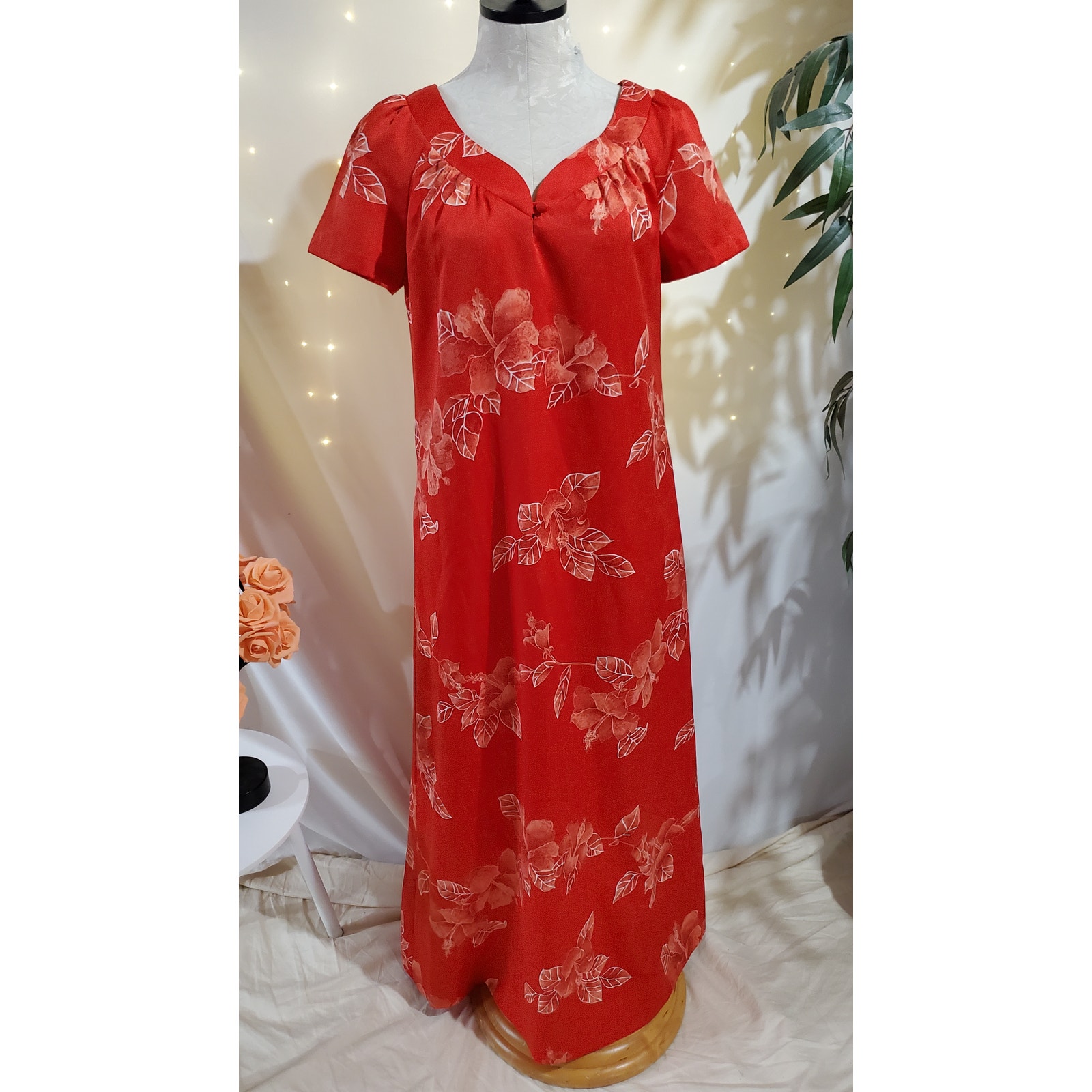 Hilo Hatties Vtg 70s Hawaiian Short Sleeve Tropical Maxi Dress Womens Size M Red