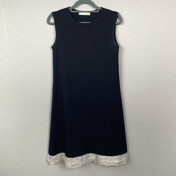Valentino Wool Blend Stretch Sleeveless Shift Dress Lace Ruffle Hem Black
