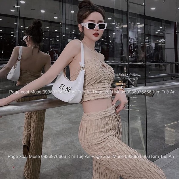 Rib high stretch crop top and matching pants set in tan and black size Medium