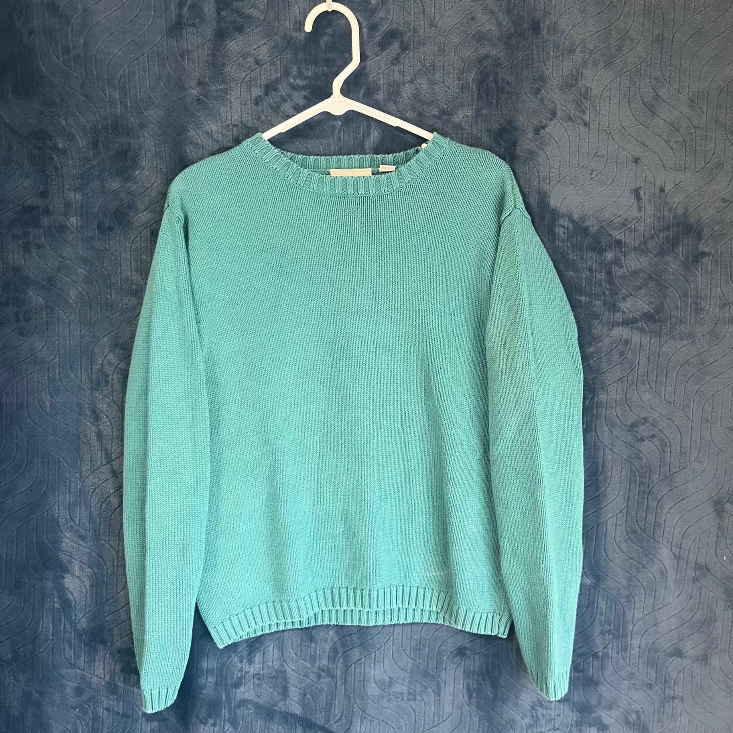 Nordstrom 100% Cottton Knitted Casual Teal Crew Neck Sweater Womans Size Small