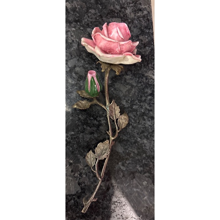 Vintage 800 Sterling Silver Porcelain Rose Figurine Italy Floral Decor Miniature