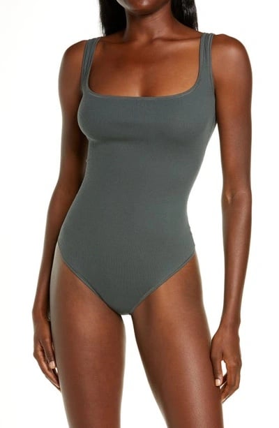 NWT SKIMS Ribbed Stretch Cotton Bodysuit Scoop-Neck Women’s Medium Deep Sea