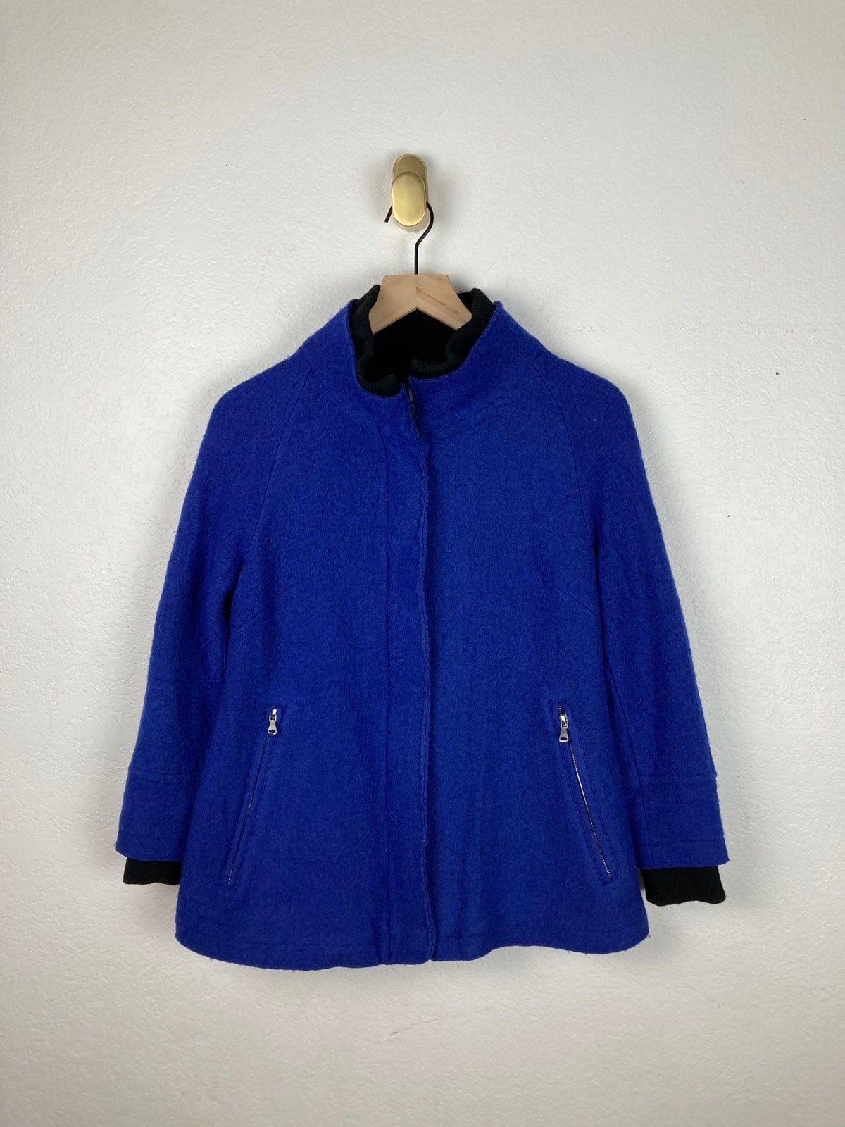 Halogen Cobalt Blue Classy Statment Mac zip funnel neck trench wool Jacket