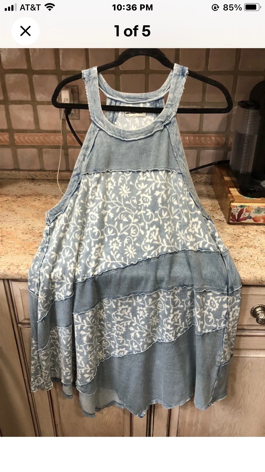 Free People Polly Tunic Dress Floral Print Uneven Hem Expose Seaming Blue Whit