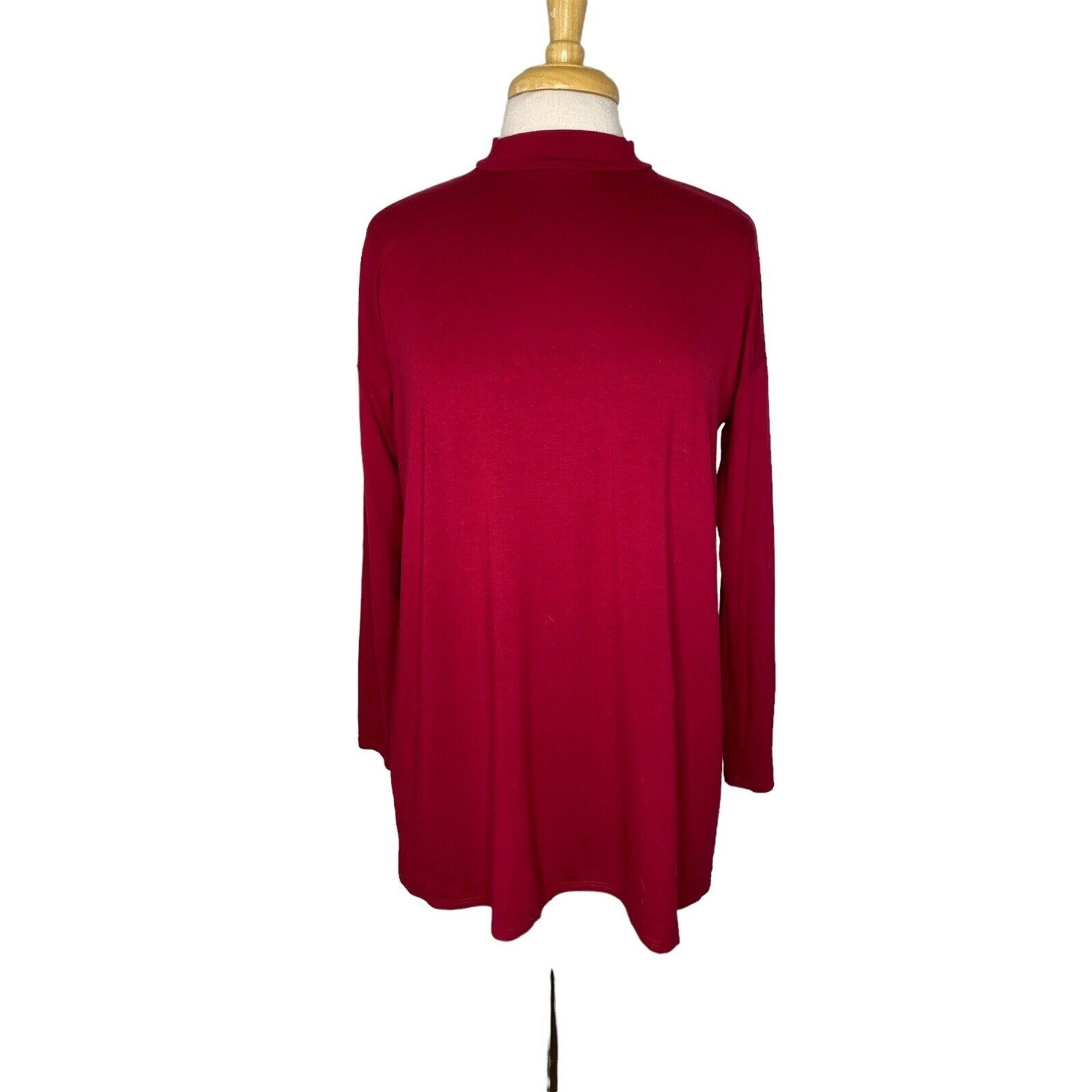 EILEEN FISHER Viscose Jersey Red High Neck Long Sleeve Top Size XS Stretch