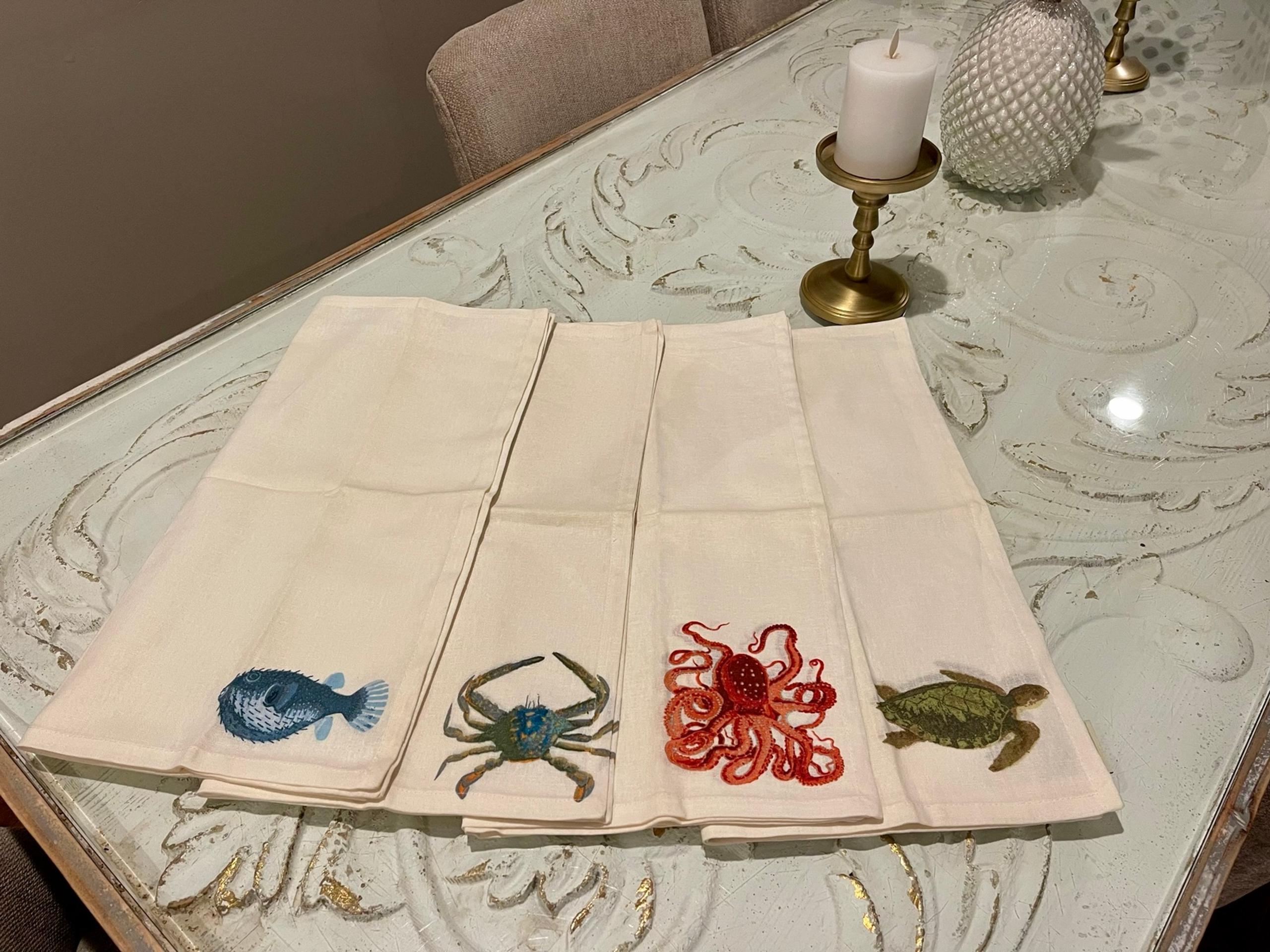 (8) Pottery Barn Sea Critter Cloth Napkins Playa Life Crab Turtle Fish Octopus