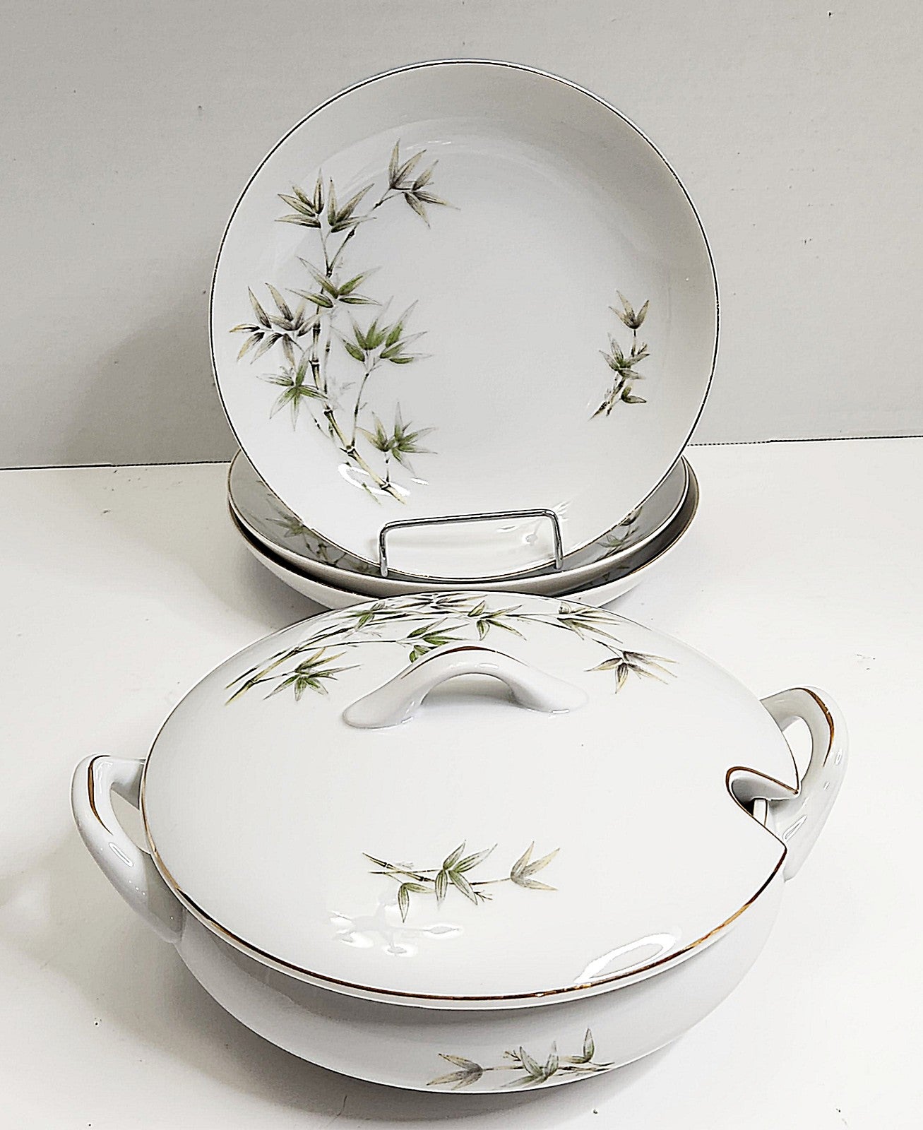 Arita China Tureen, Lid, & 3 Salad Plates - Bamboo Design