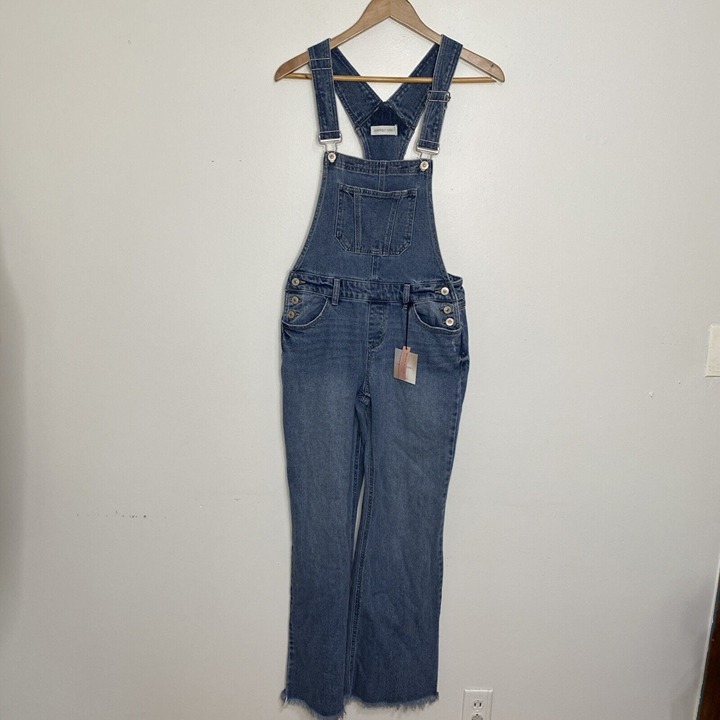 Happily Grey Flare Leg Denim Overalls Women's Size 5 27 Med Wash Raw Hem NEW