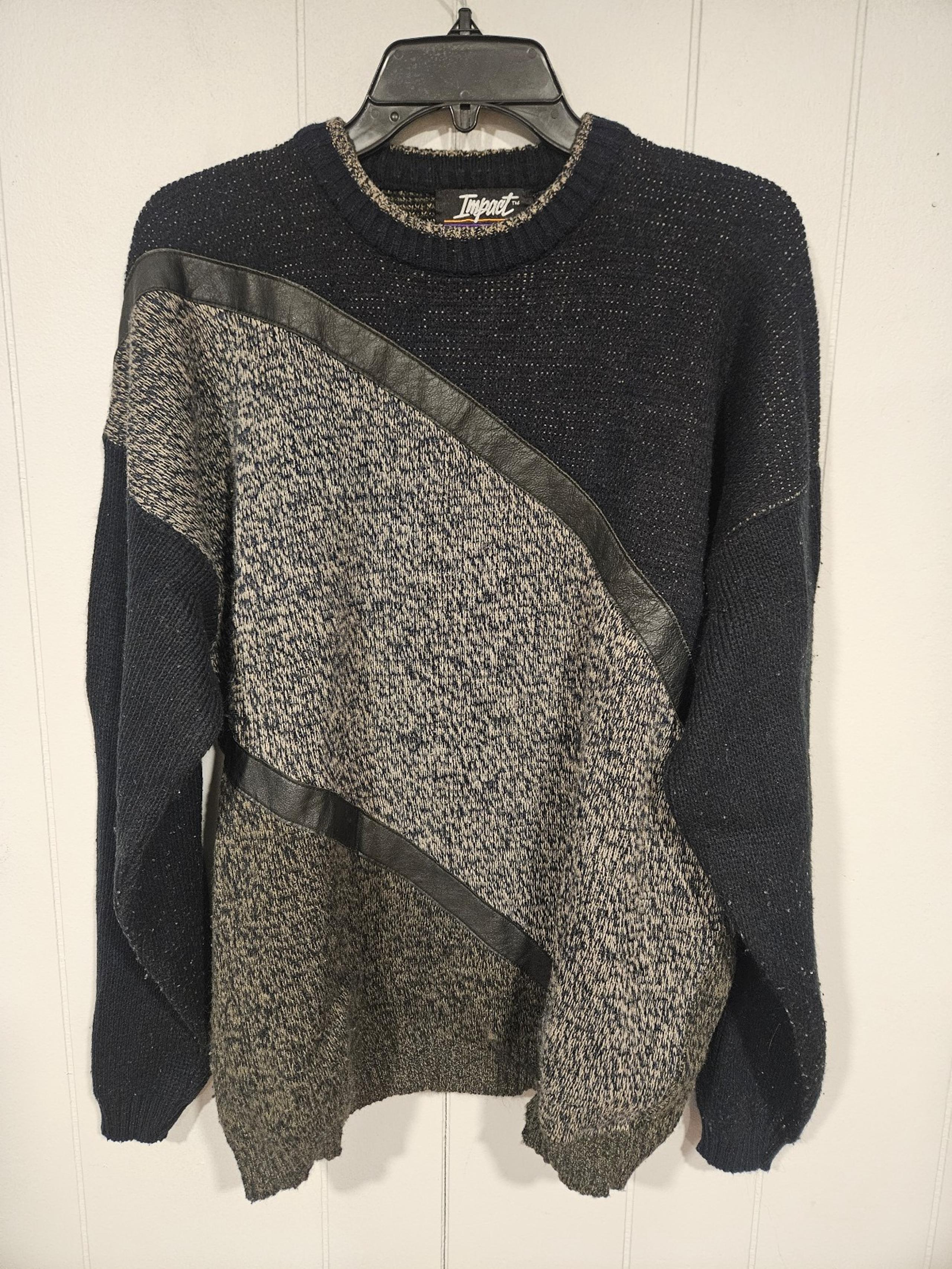 Vintage 80s/90s Impact Men's Leather Patch Geometric Multi-Color Large Sweater