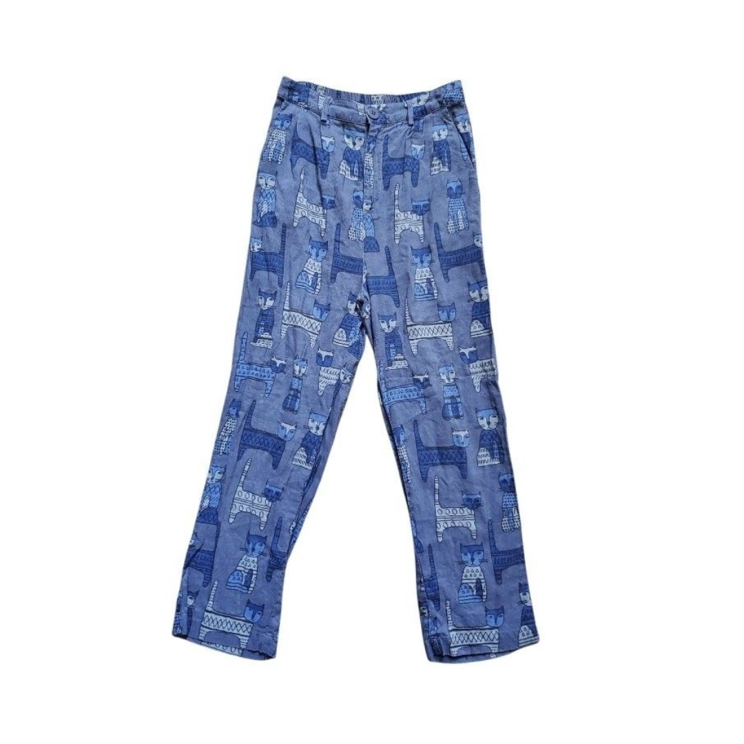 Princess Highway Whimsical Pants Women Size 8 Linen Blend Blue Cats Straight Leg