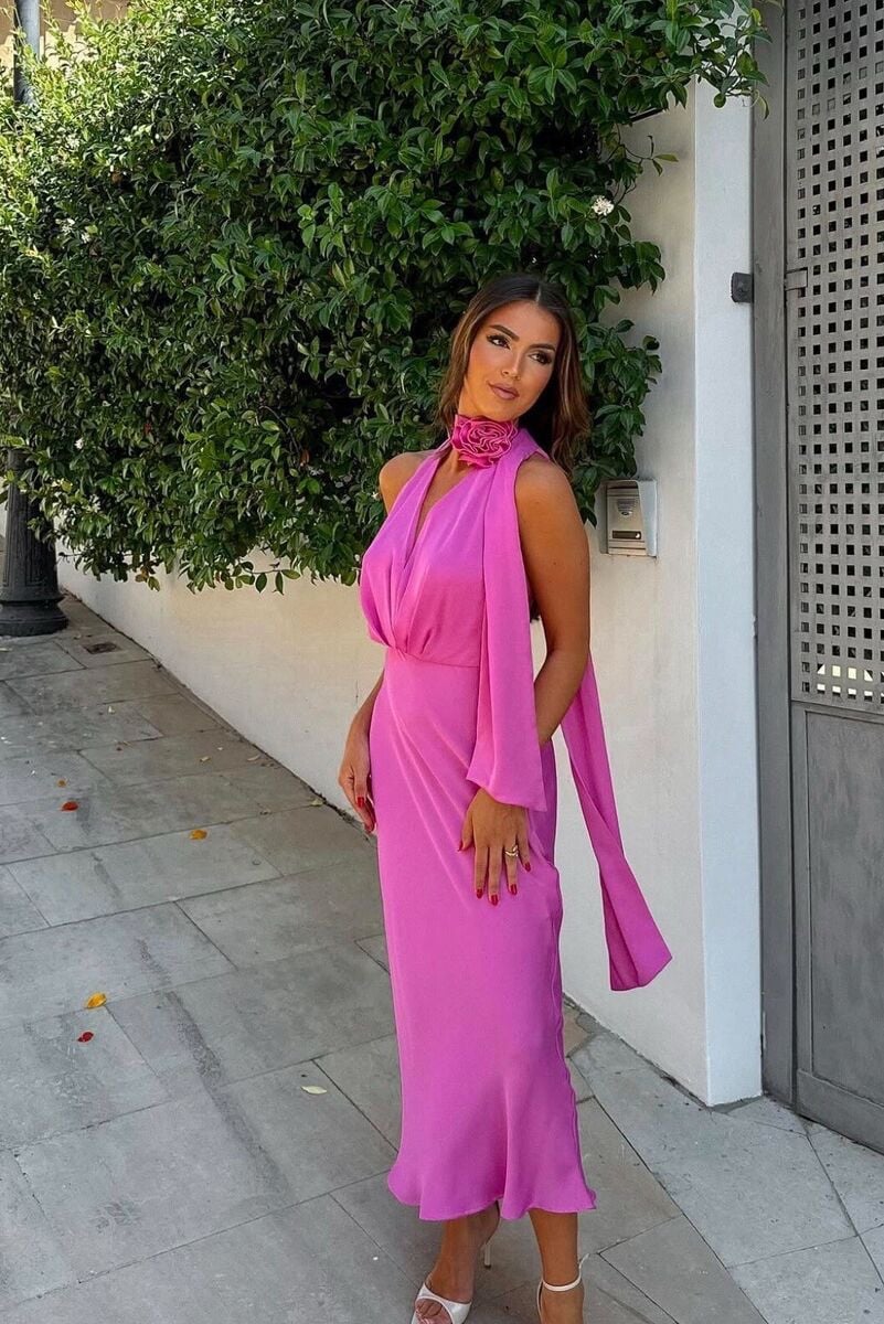 Zara maxi dress pink satin effect floral tie scarf wedding party cocktail