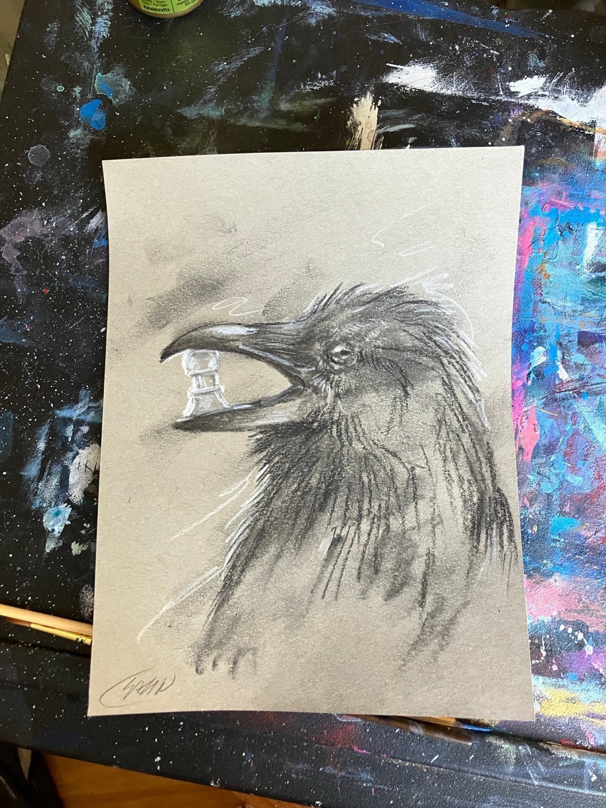 Raven crow chess original painting charcoal pastel artwork collectible art ooak