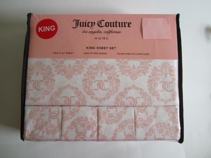 New Juicy Couture Pink White 6pc King Sheet Set