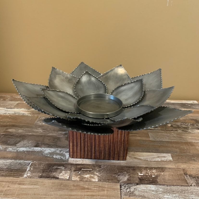 Large wood & metal flower petal candle holder
