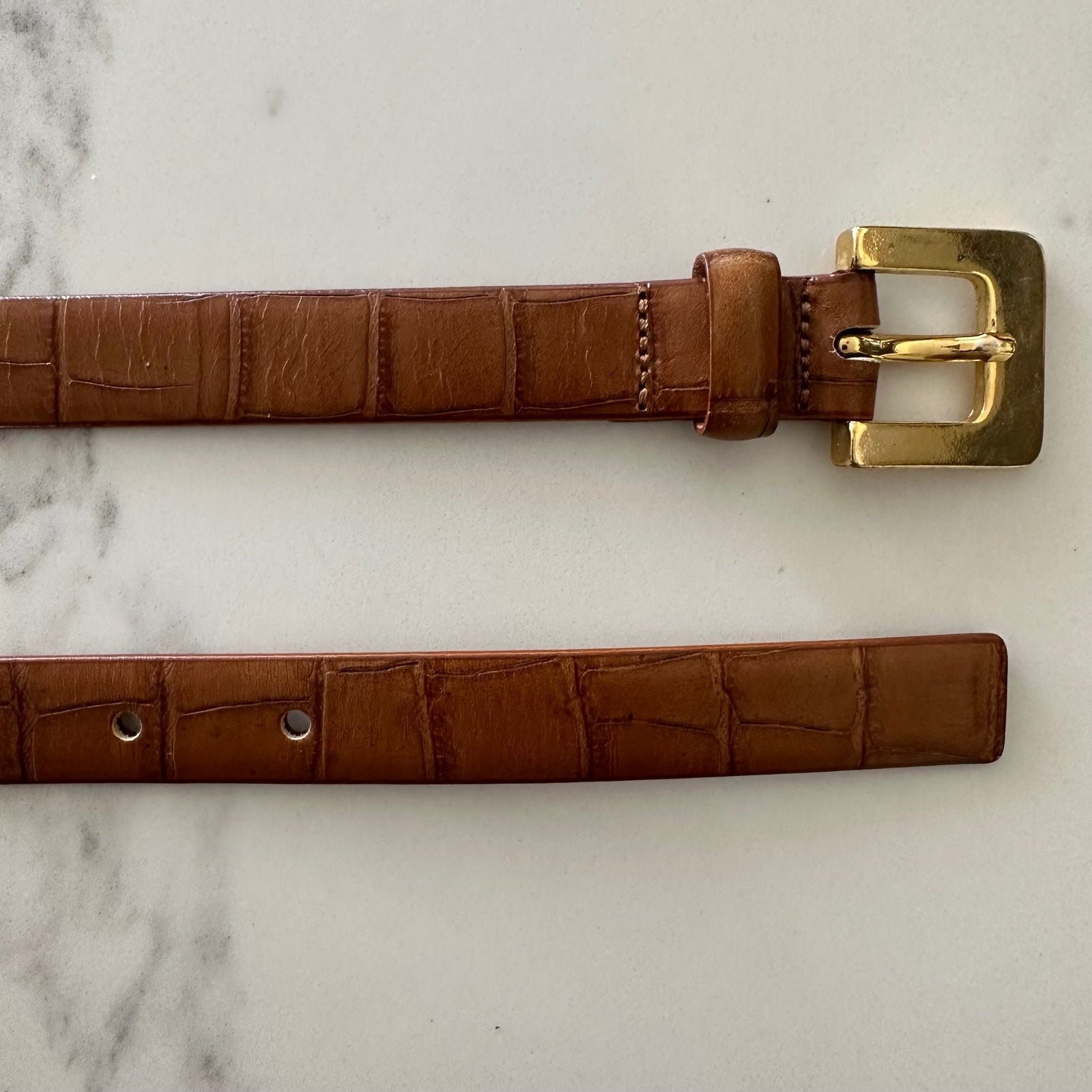 Vintage Crocodile Embossed Leather Belt in Camel with Brass Buckle Size Medium