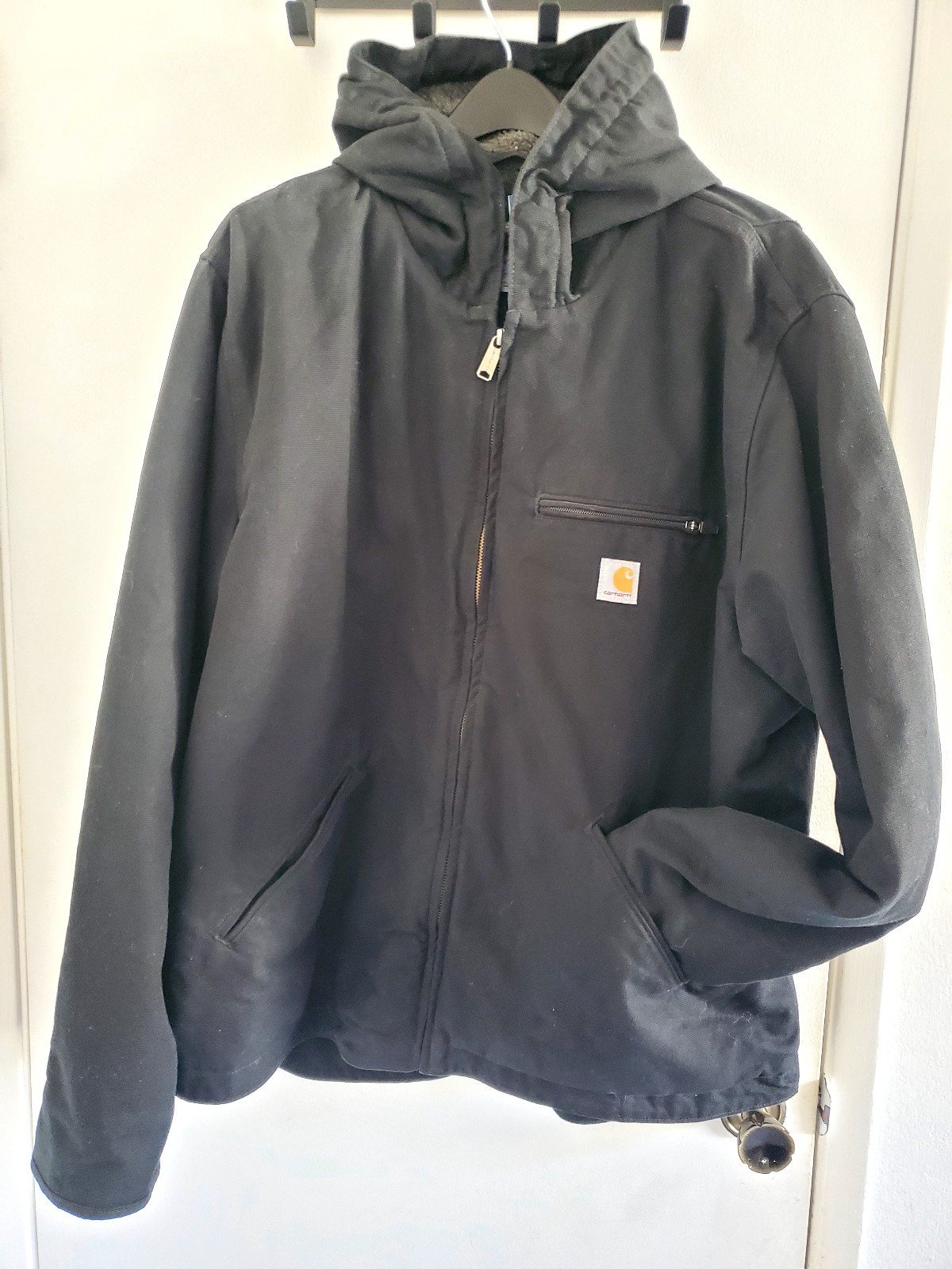 Carhartt Relaxed Fit Duck Black Sherpa-Lined Jacket Size XL Grey Inside Lining