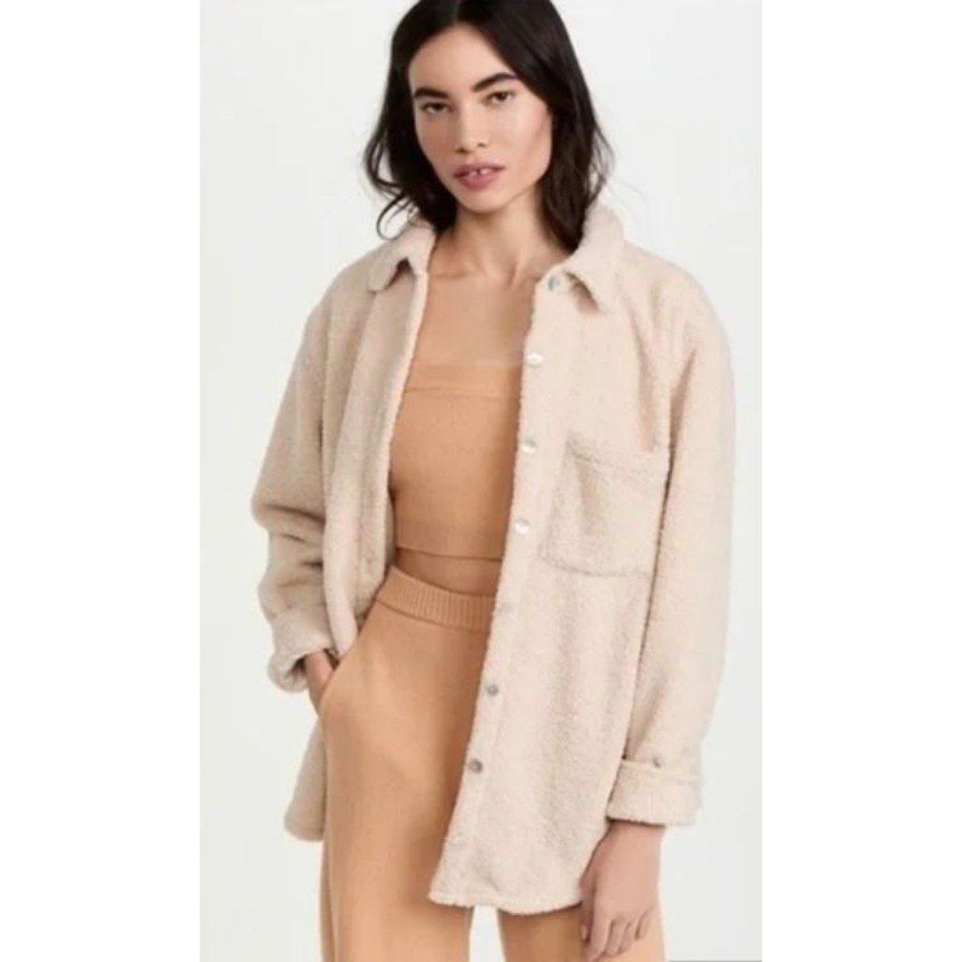 DONNI Womens XS Shacket Teddy Sherpa Button Shirt Jacket Ivory Lined Oversized