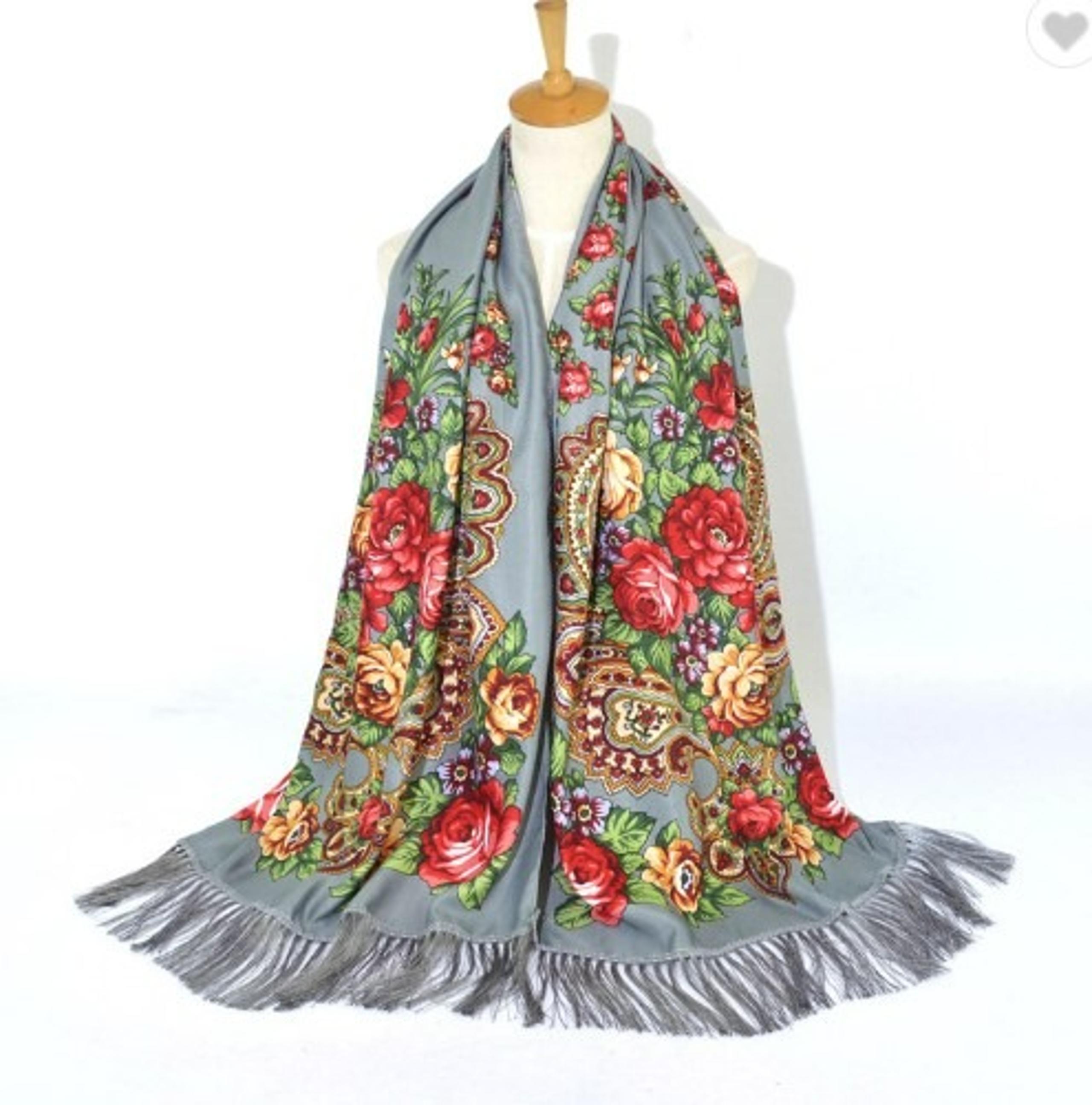 Winter Ladies Russian Floral Tassel Scarves Shawls Grey Cotton Scarf New