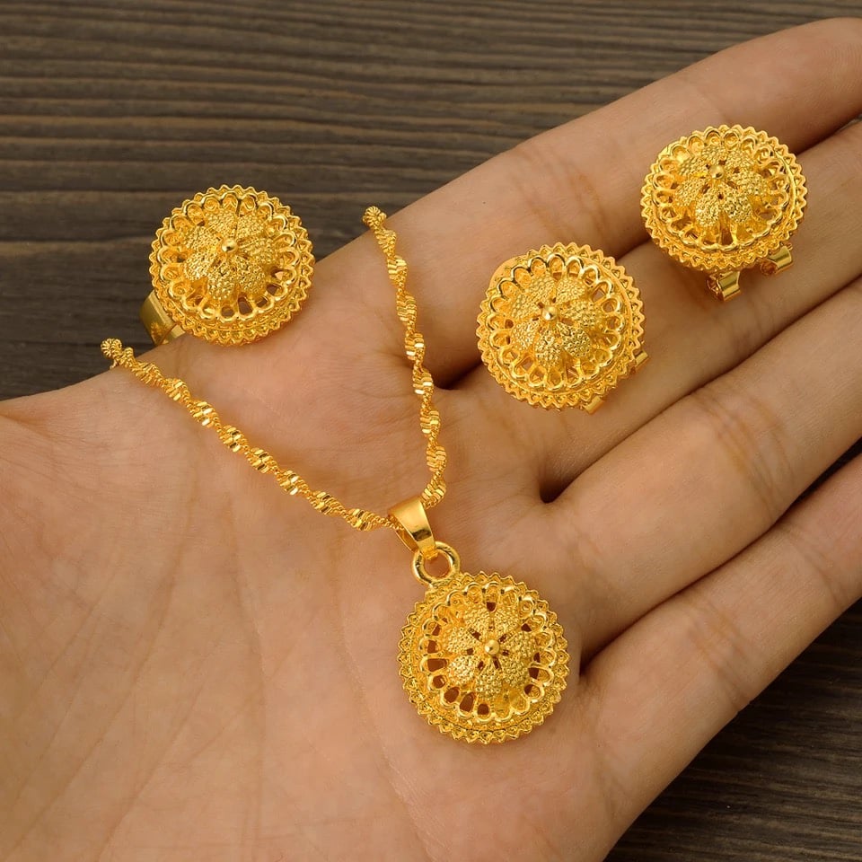 Ethiopian Gold Plated Bridal Jewelry Sets Earrings Ring Gifts Wedding Jewellery