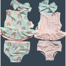 Mud Pie 5T reversible rainbow stripe swim suit set 2pc bow NWT headband pink blu