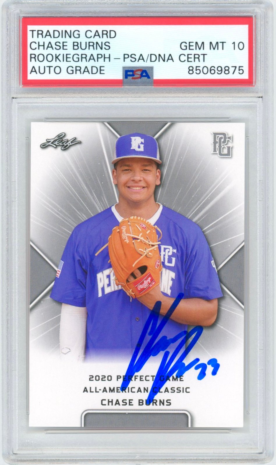 Chase Burns Autographed 2020 Leaf Perfect Game Auto Signed RC #29 Rookie PSA 10