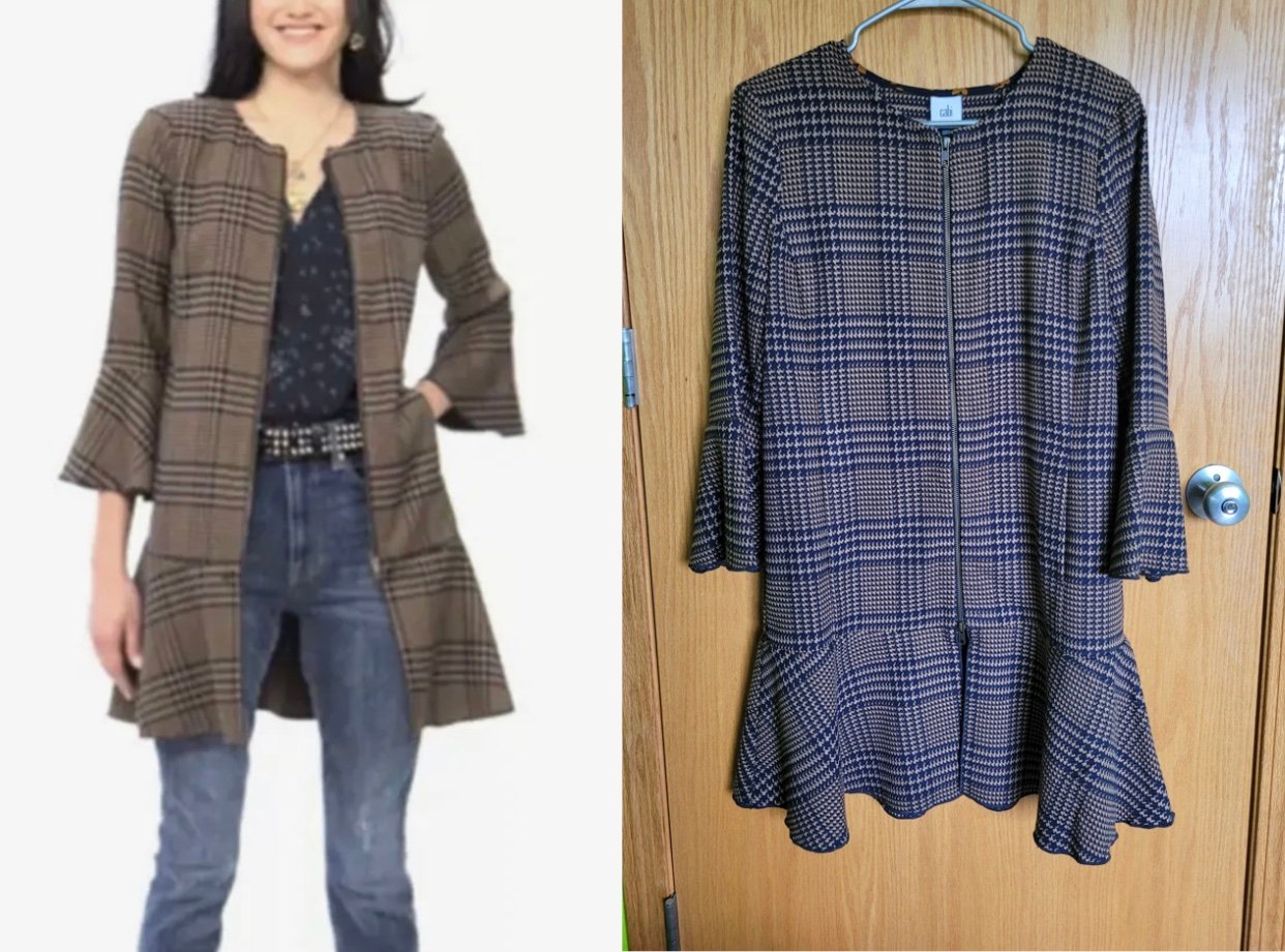Cabi Tan Navy Plaid Flounce Ruffle Hem Full Zip Jacket Size S MSRP 179