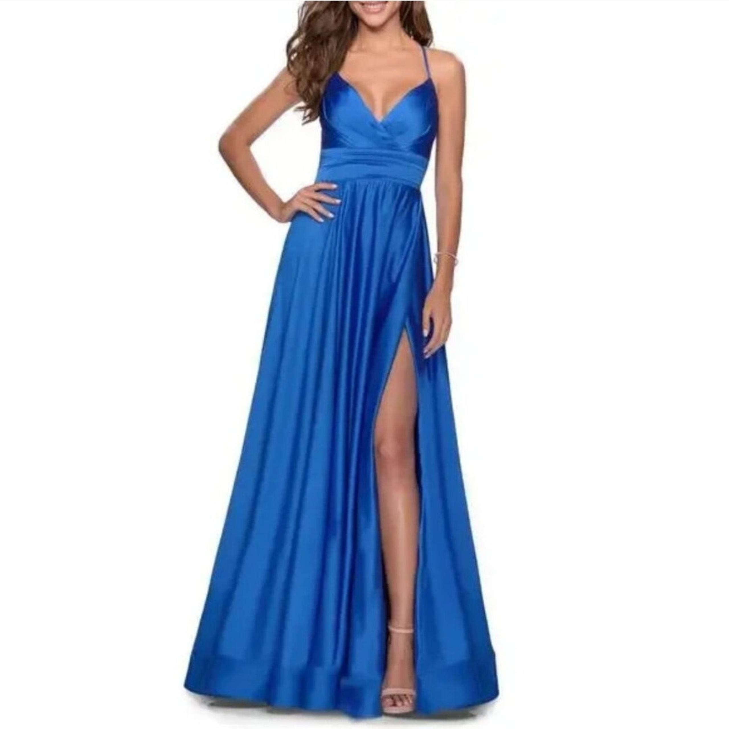 $408 NWT La Femme Formal Evening Gown Size 2 Blue Satin Wedding Party Bridesmaid