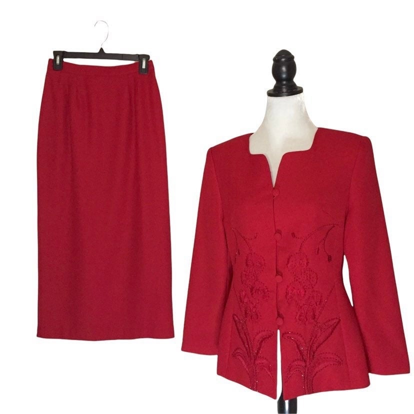 Amelia Key Embroidered Beaded Red 2-Piece Blazer Skirt Suit