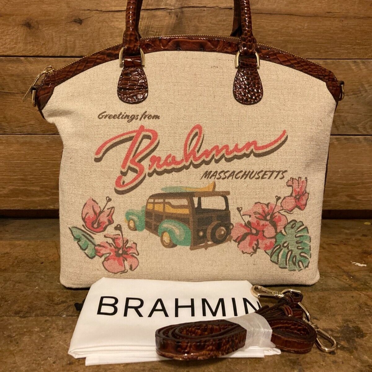 Brahmin Large Duxbury Pecan Pipa Burlap and Melbourne Leather Satchel-NWT