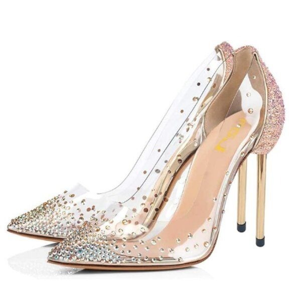FSJ Women Studded Pointed Toe Transparent Pumps High Heels Shoe