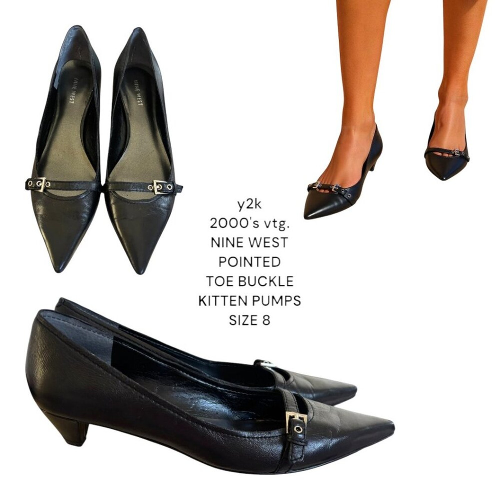 VINTAGE 90'S Y2K NINE WEST BLACK LEATHER POINTED TOE BUCKLE KITTEN PUMPS SZ. 8