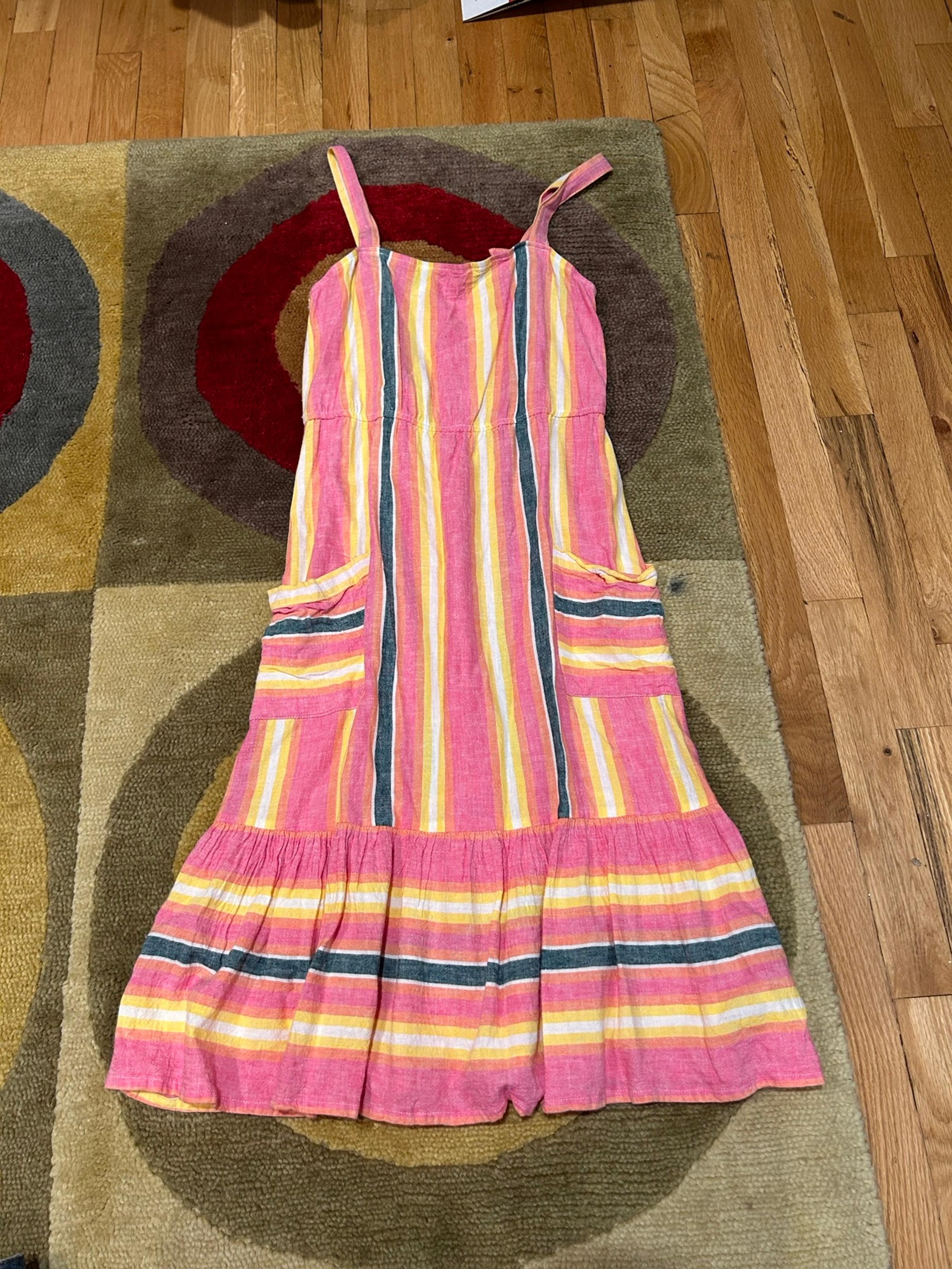 BB Dakota Women’s Pink Lemonade Midi Dress Stripe Colorful Linen Sleeveless S