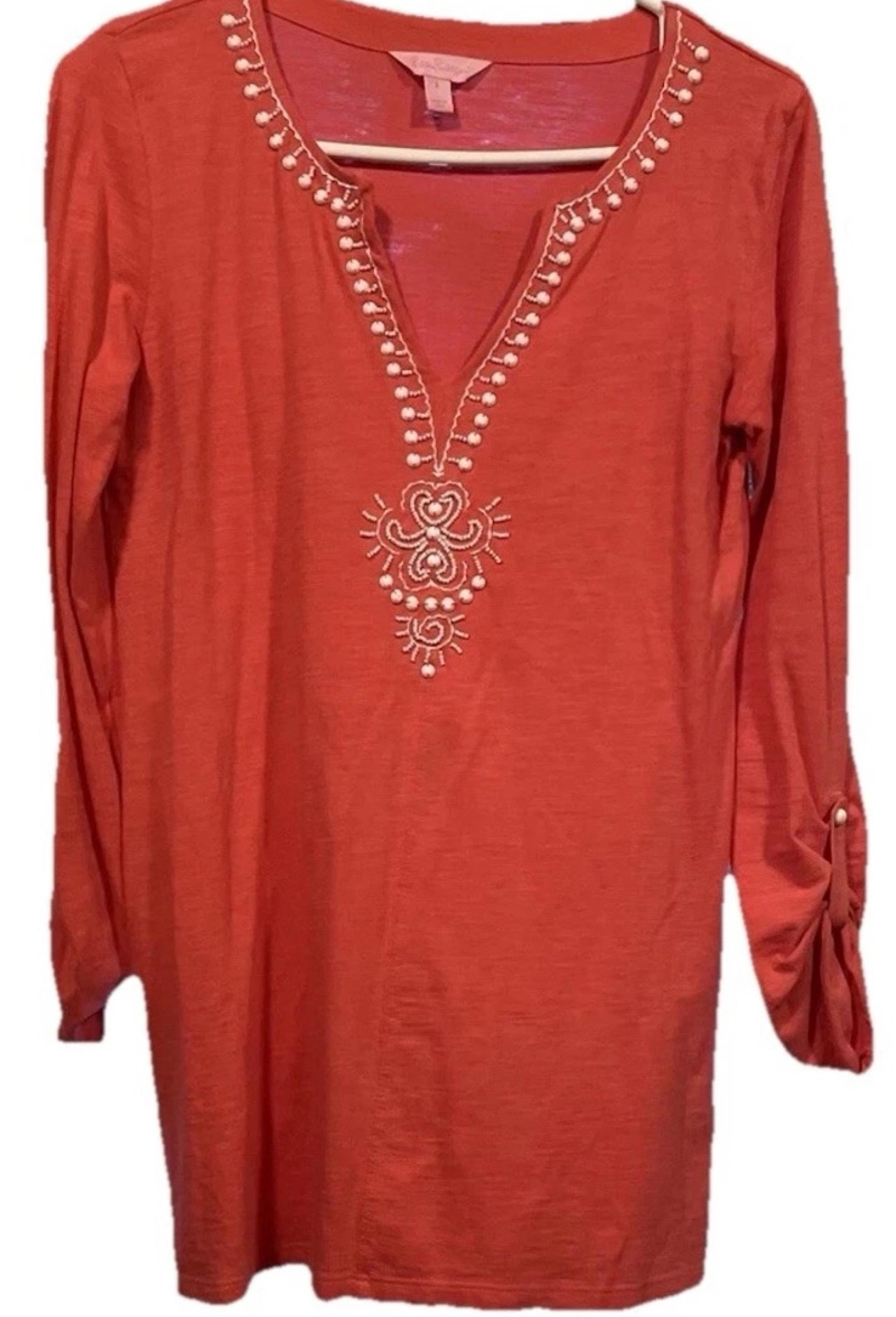 Lilly Pulitzer Women S Tunic Orange Cotton Boho Hippie Emblish White Trim Y2K