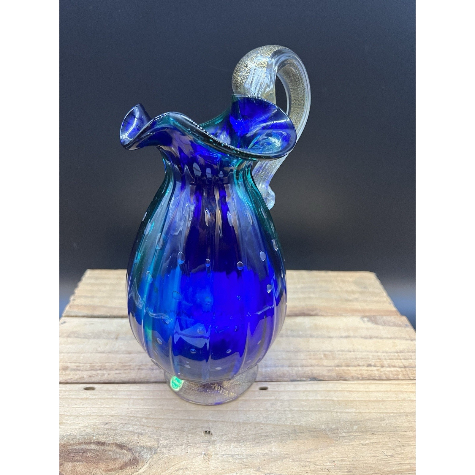 Murano Hand-Blown Glass Pitcher Italy Blue Green Controlled Bubble Gold Flakes