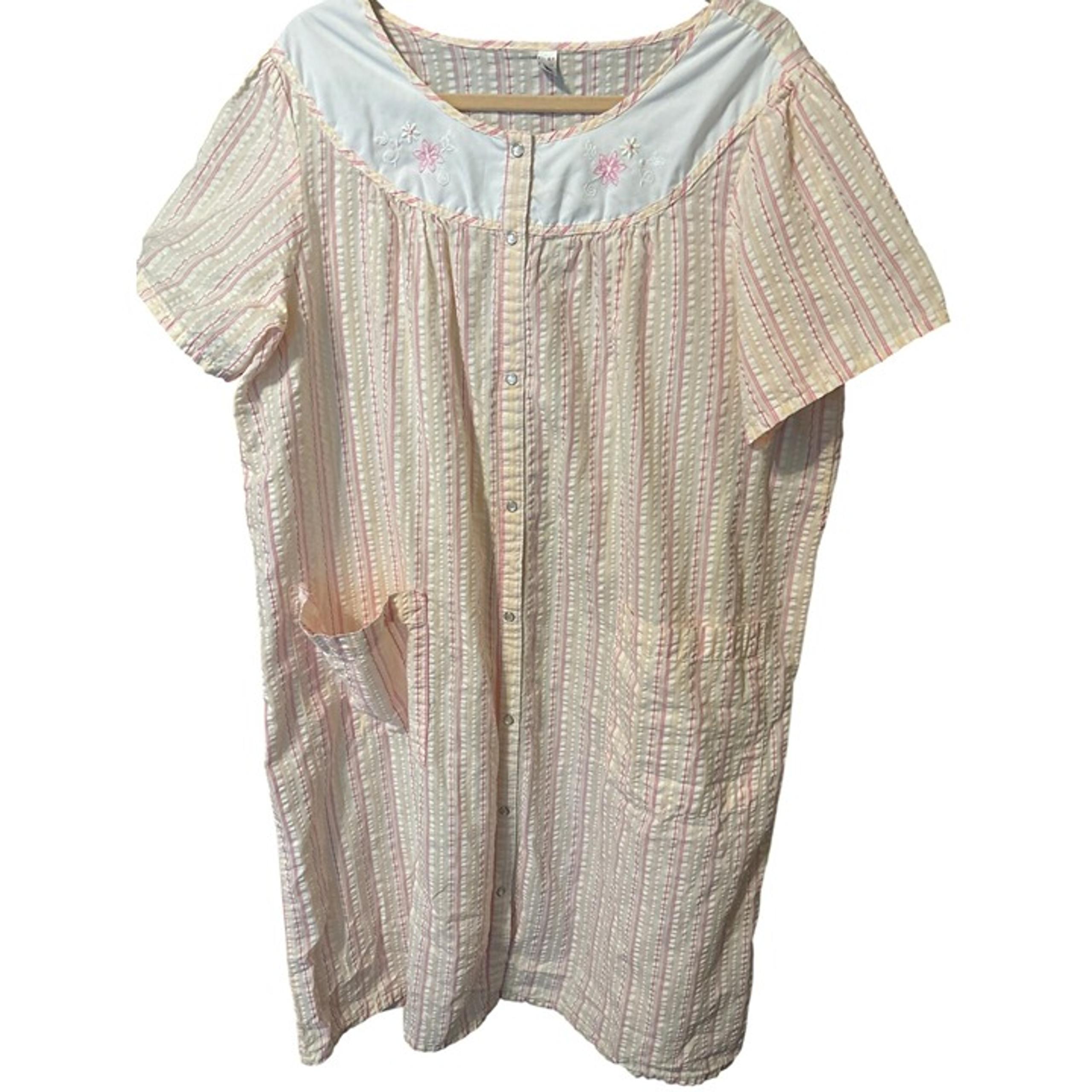 Womens Pink Searsucker Housecoat Nitegown Cotton Bend Snaps Deeps Pockets Large