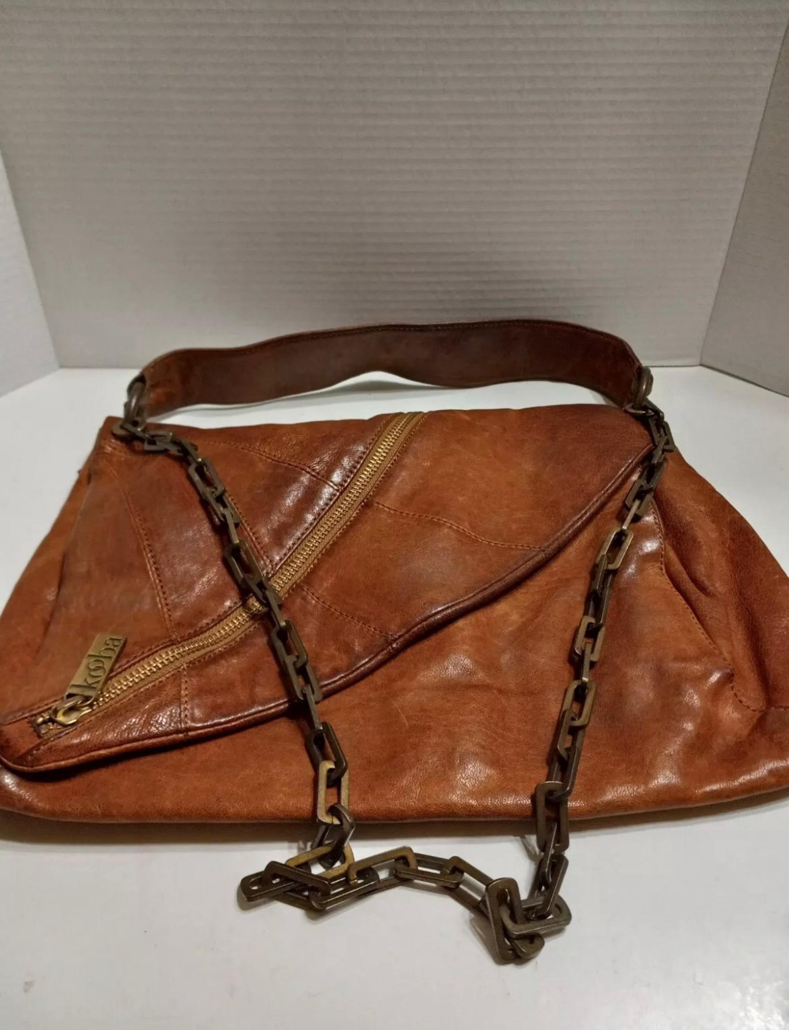 KOOBA BROWN LEATHER WITH FUNKY CHAIN STRAP CONVERTIBLE HOBO HANDBAG PURSE