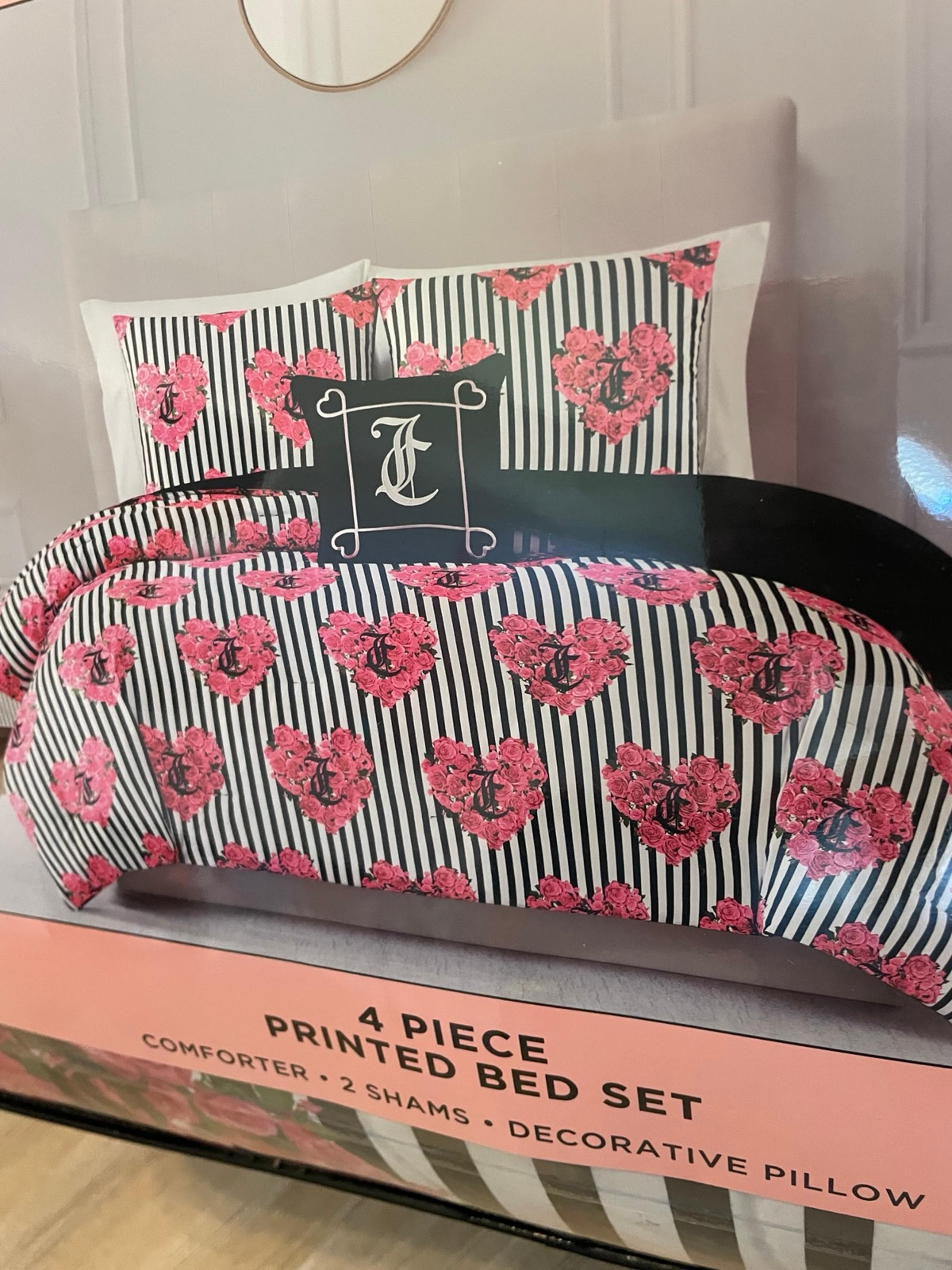 Black & white striped Juicy Couture rose of hearts comforter set