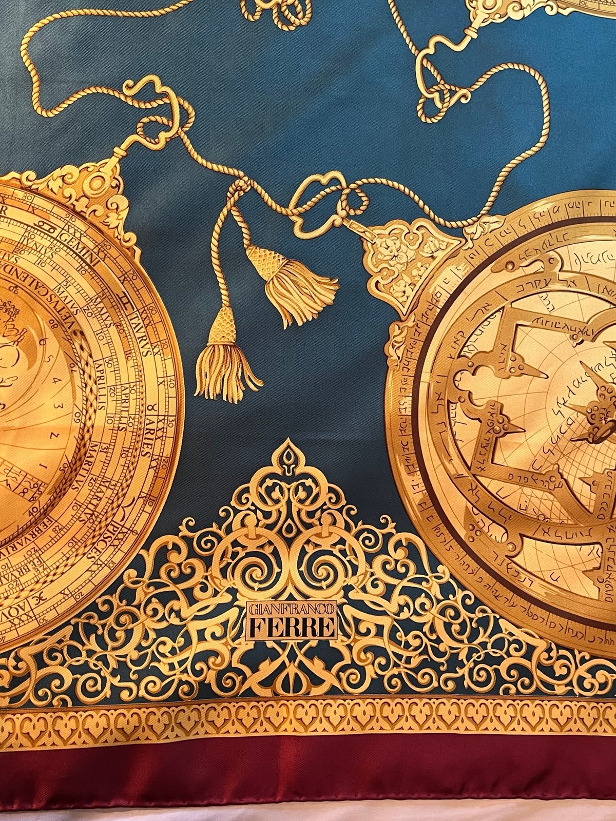 GIANFRANCO FERRE vtg Silk Hand Rolled Square Scarf Calendar Astrology Gold 34x34
