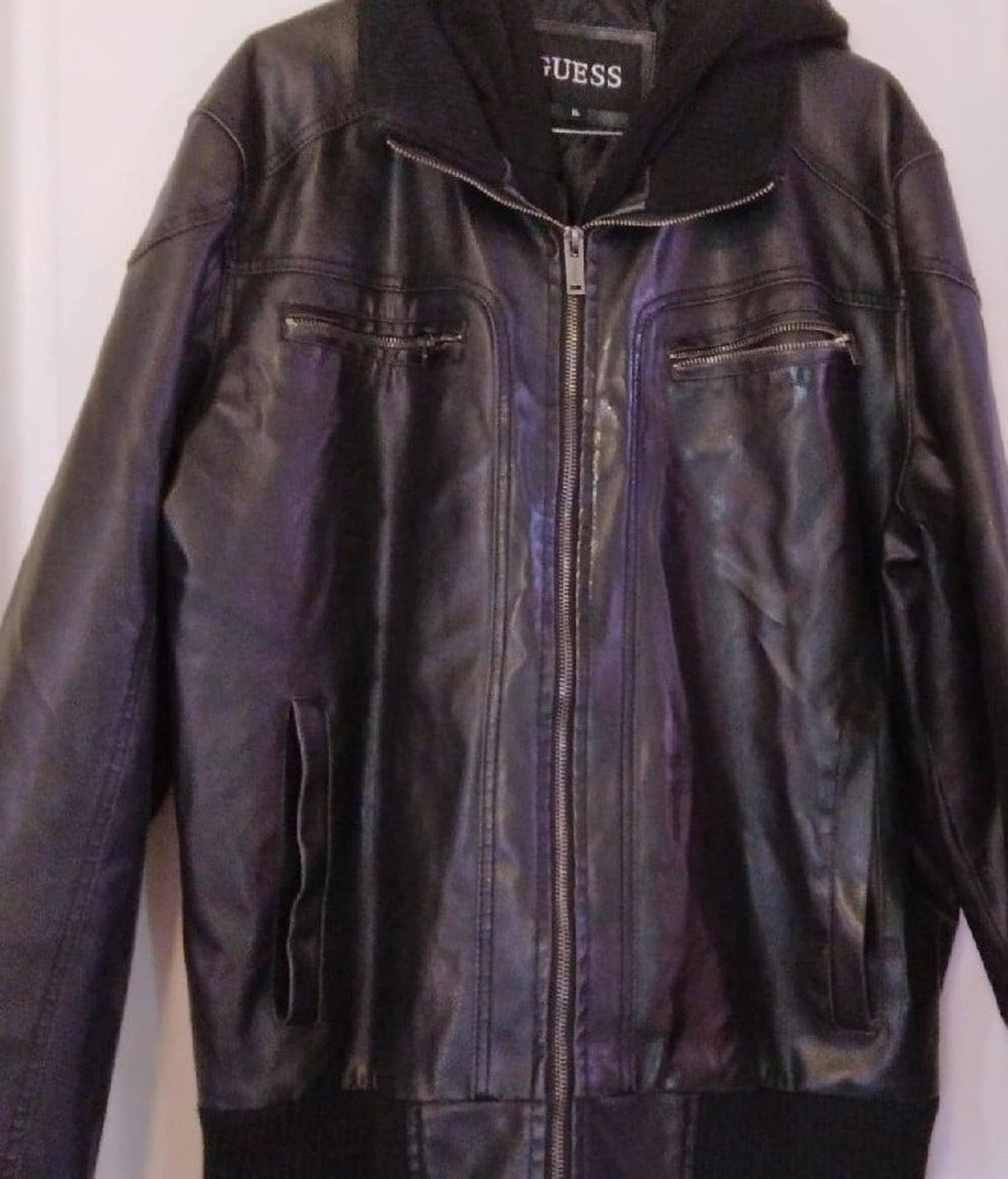 GUESS Men's Faux-Leather Detachable-Hood Motorcycle Jacket XL