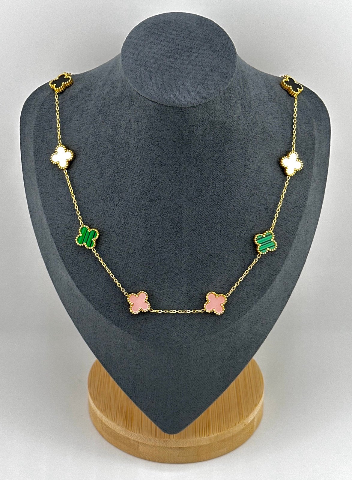 18K Gold Plated over Stainless Steel Multicolor 4 Leaf Clover Necklace