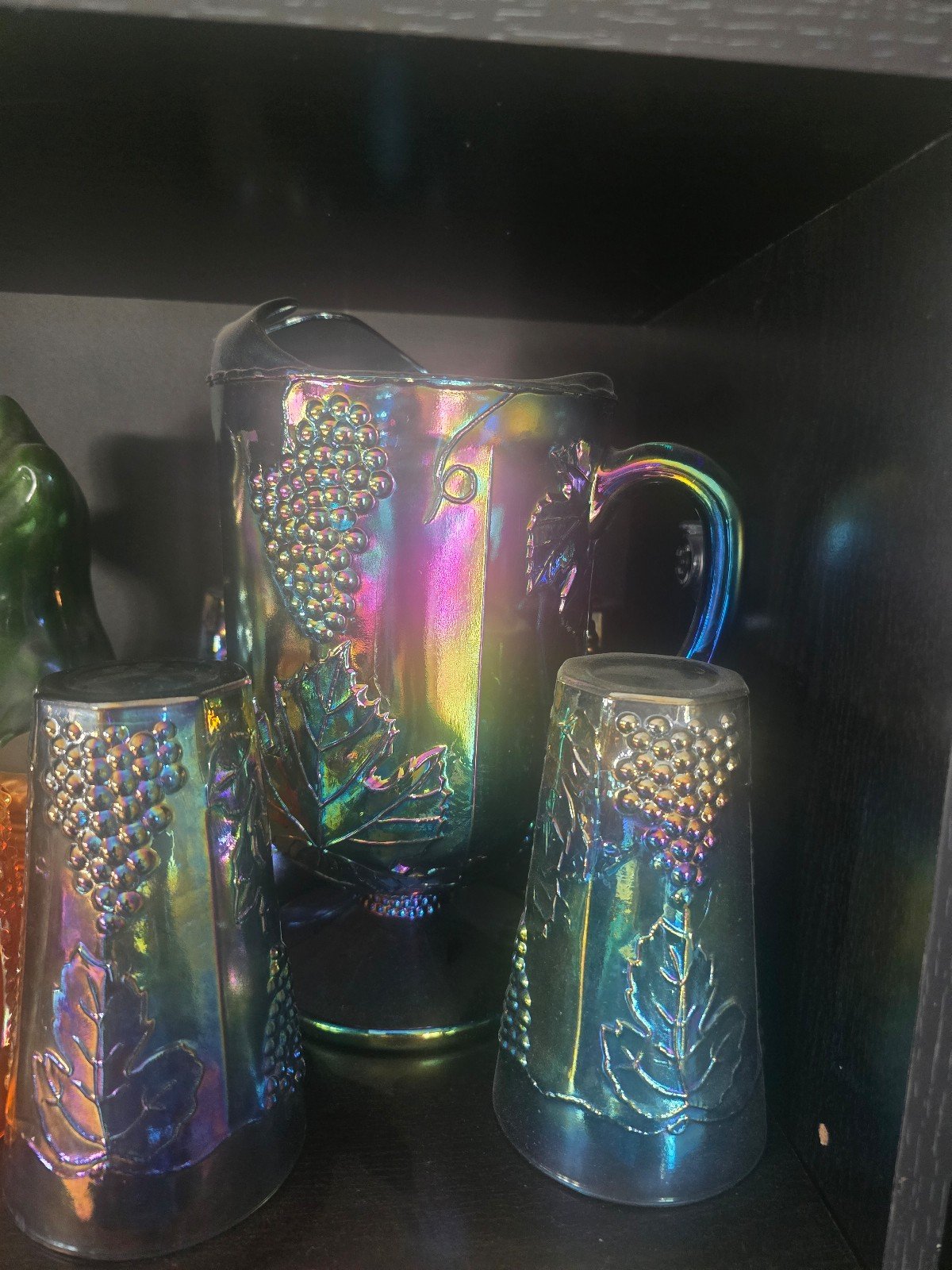 Carnival glass pitcher indiana glass harvest grapes