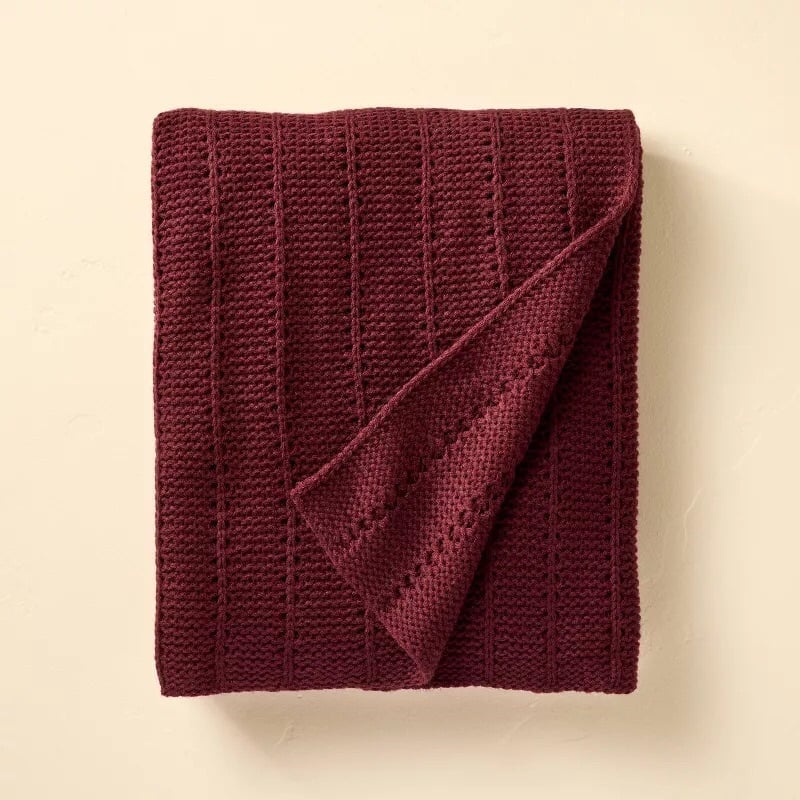 Solid Rib Stripe Knit Throw Blanket Burgundy - Hearth & Hand™ with Magnolia